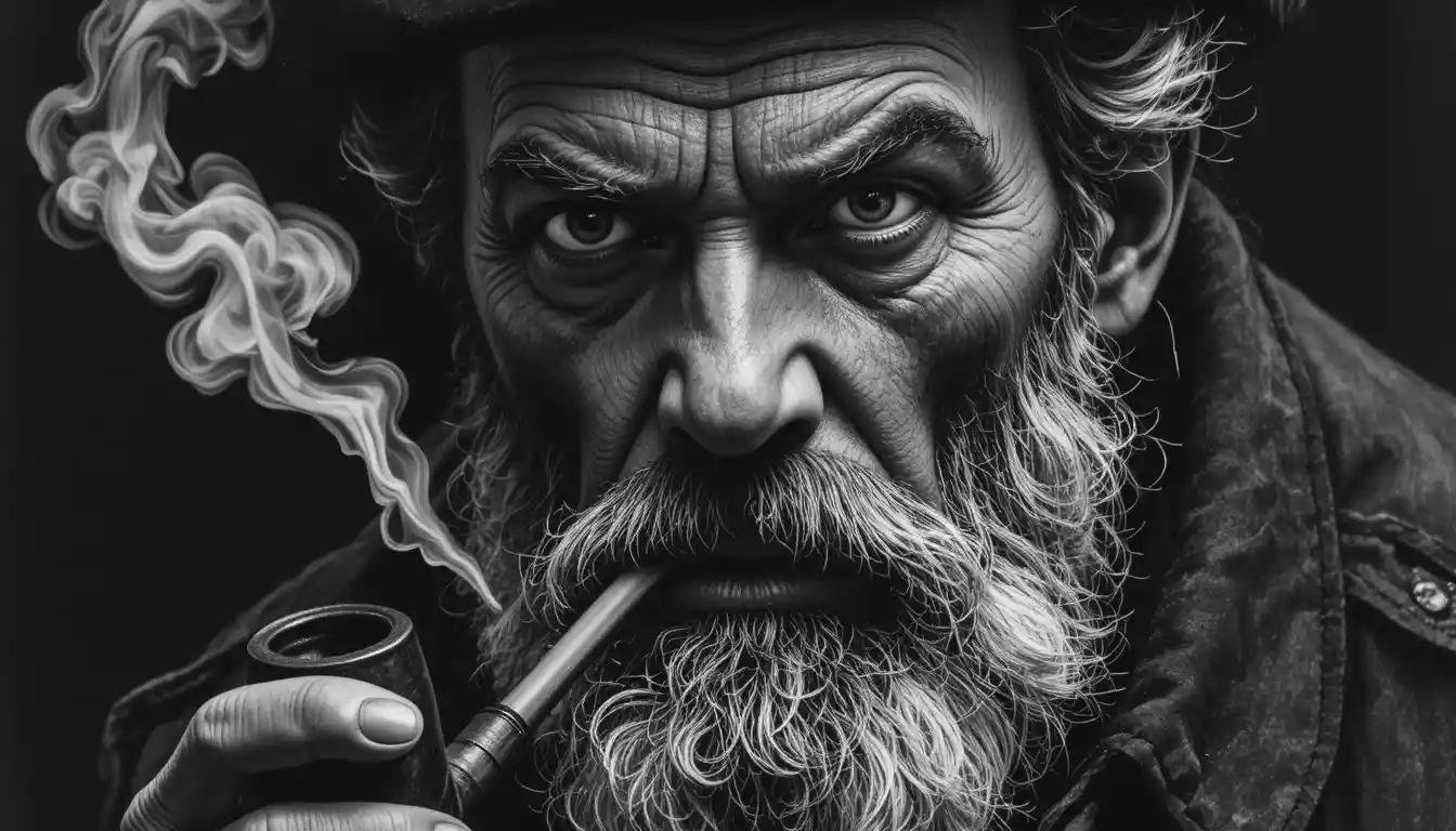Retrato a carbón de veterano capitán de mar con mirada intensa