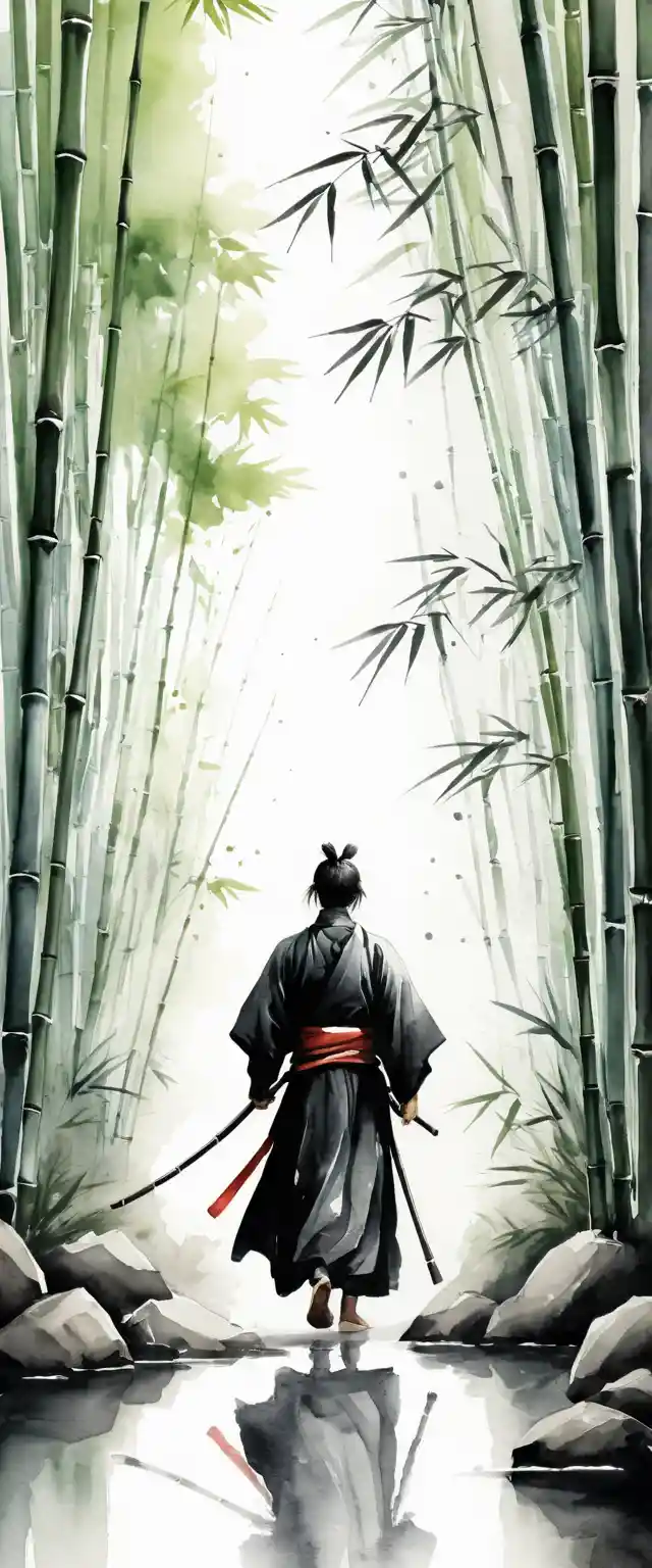 Samouraï marchant vers une forêt de bambous en aquarelle minimaliste