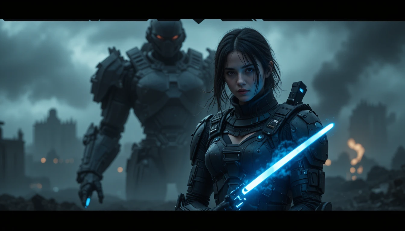 Mulher sci-fi blindada com lâmina brilhante em luz azul