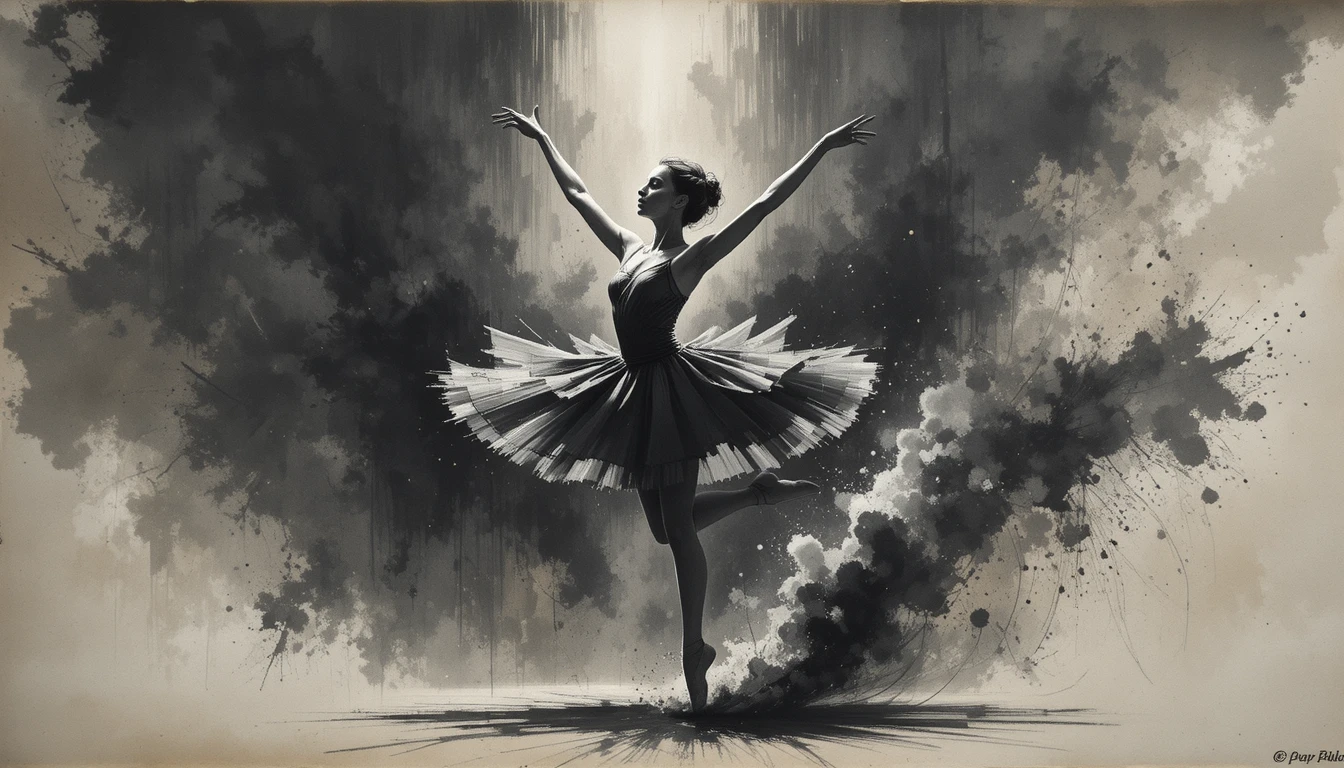 Kohlezeichnung einer springenden Ballerina im harten Scheinwerferlicht
