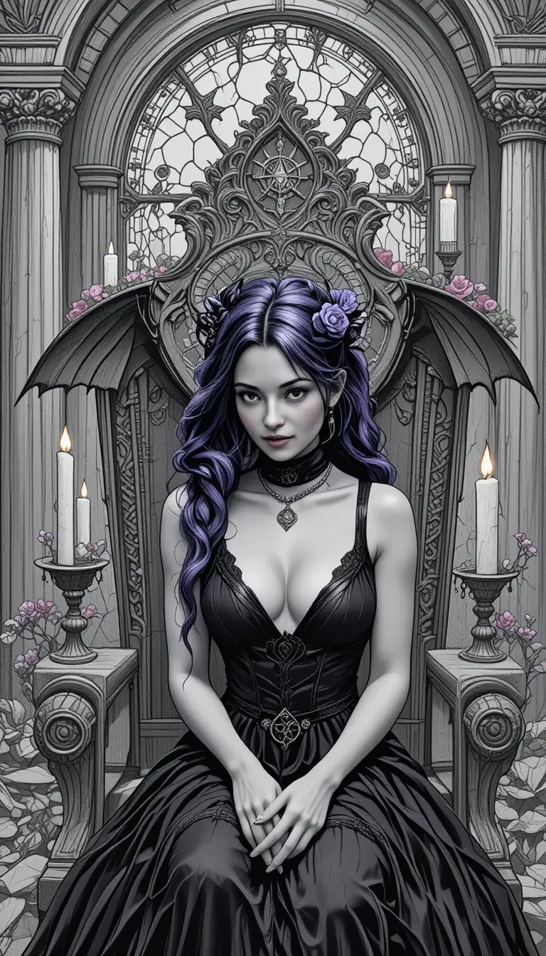 Vampirfrau mit violetten Haaren auf einem Thron im Kerzenlicht