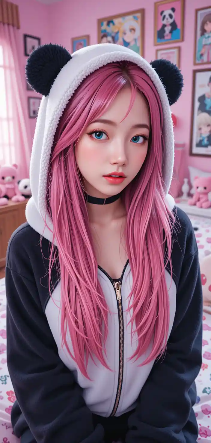 Ragazza anime dai capelli rosa con felpa panda in camera da letto