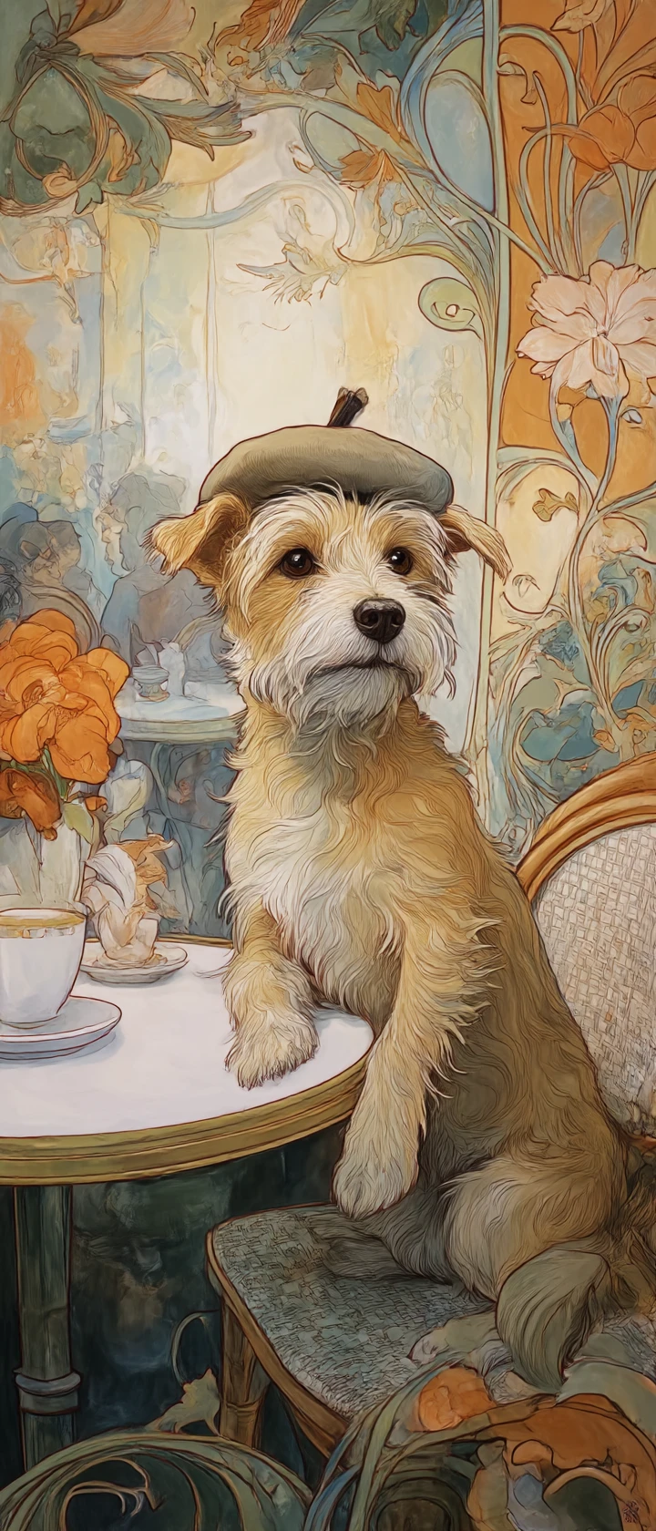 Terrier desgrenhado de boina em um café parisiense romântico