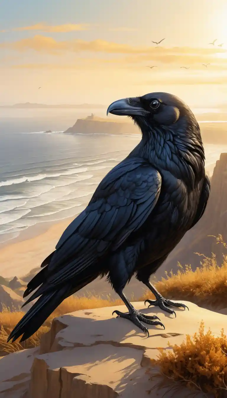 Close-up de um corvo negro em uma colina de areia dourada ao nascer do sol