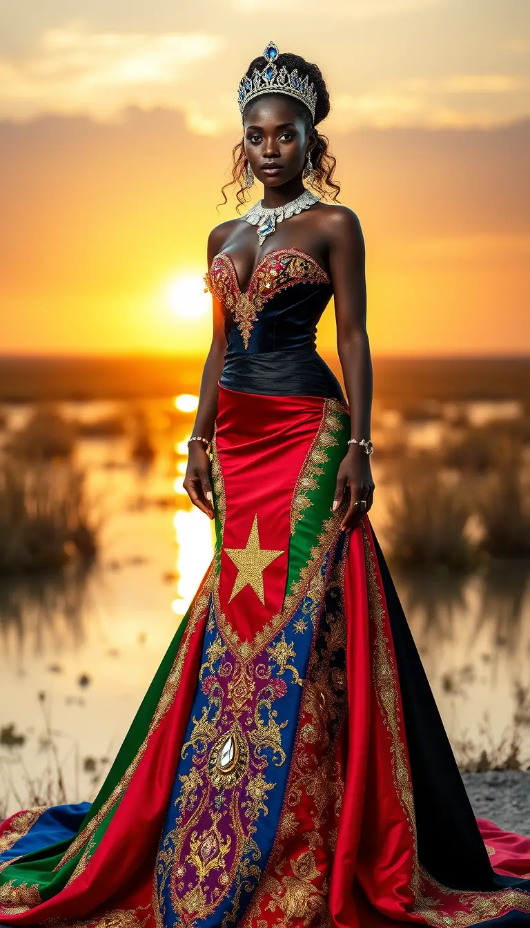 Südsudanesische Frau in einer majestätischen, von der Flagge inspirierten Couture-Robe