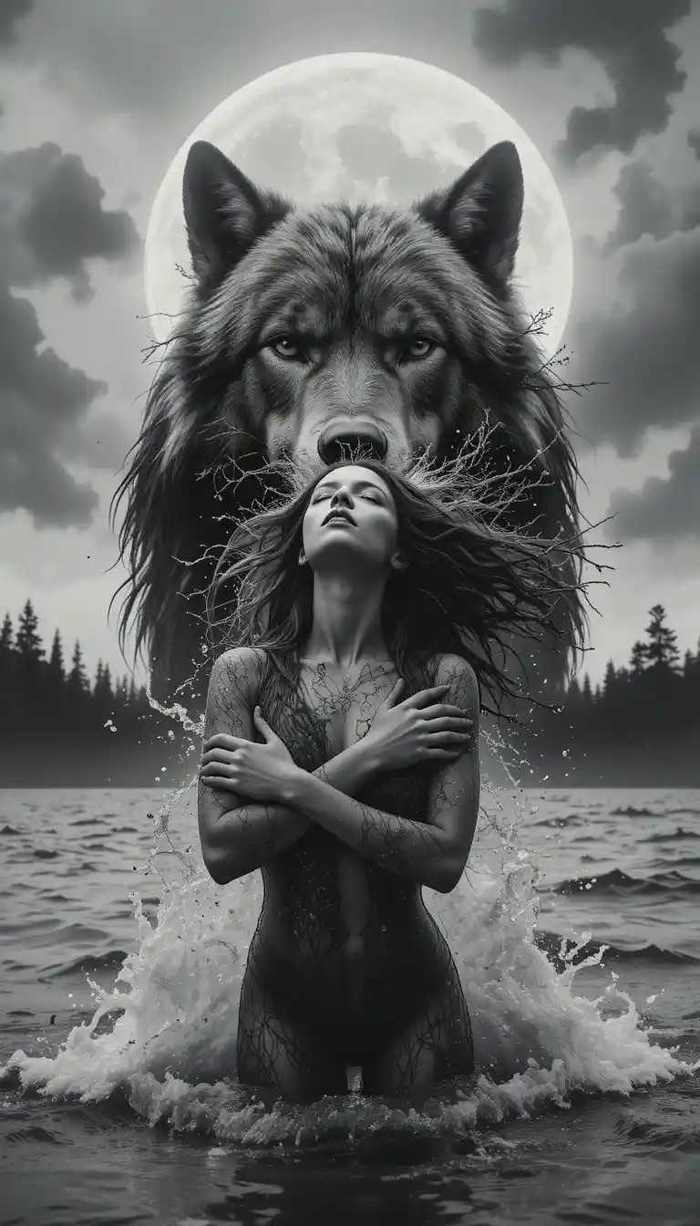 Mulher em águas tempestuosas sob um lobo ameaçador e a lua