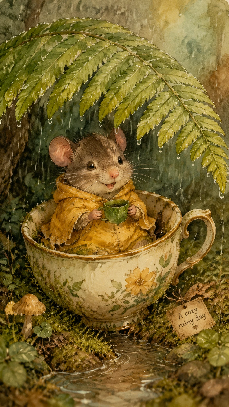 Dolce topolino di campagna con poncho giallo dentro a una tazza da tè