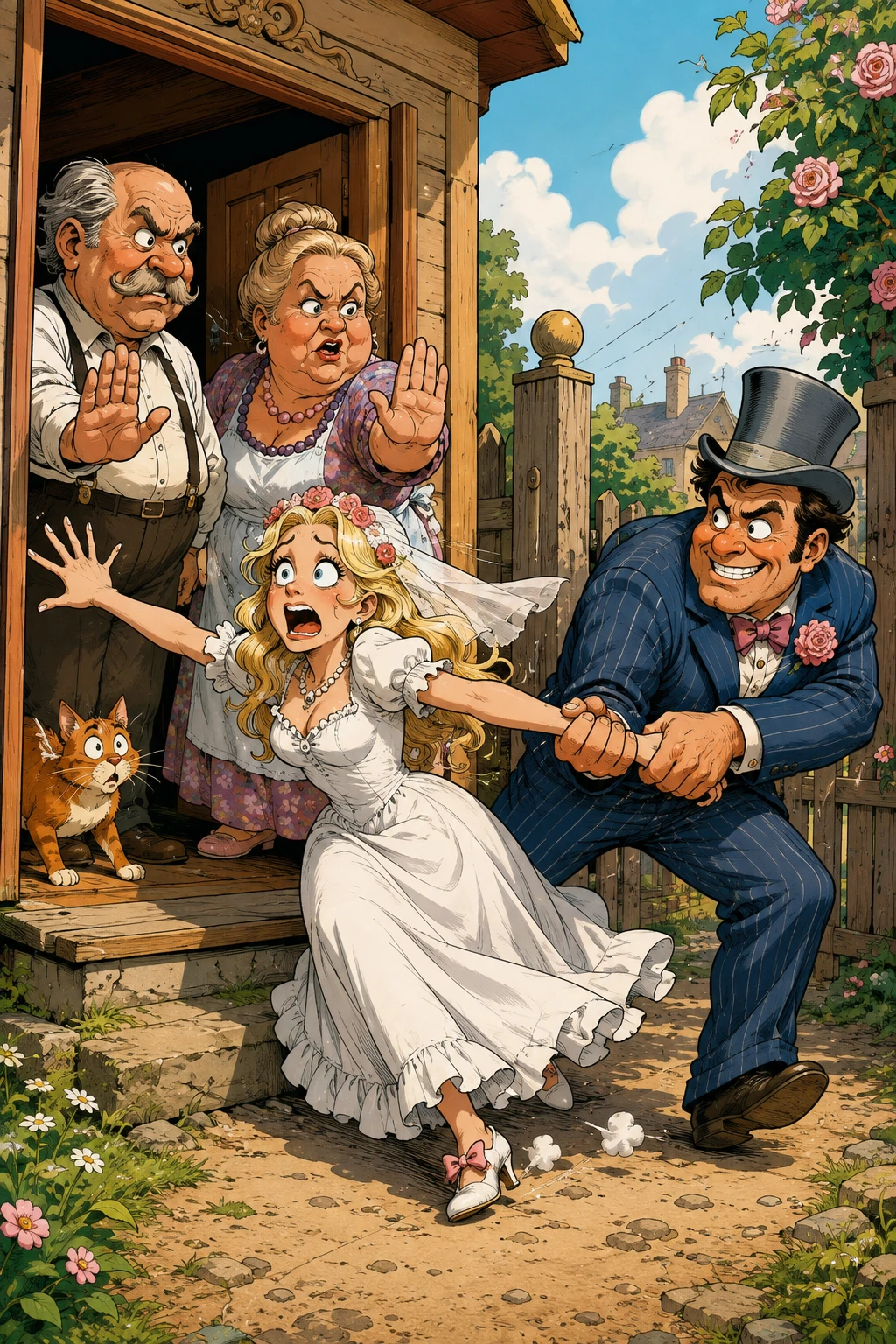 Cena de quadrinhos de mulher sendo arrastada para o casamento
