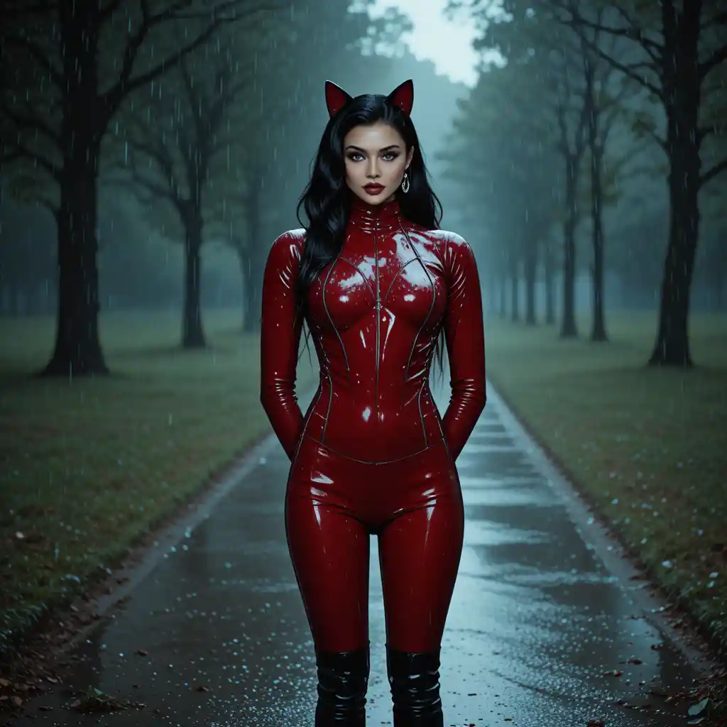 Donna in catsuit di latex rosso su sentiero di parco sotto la pioggia