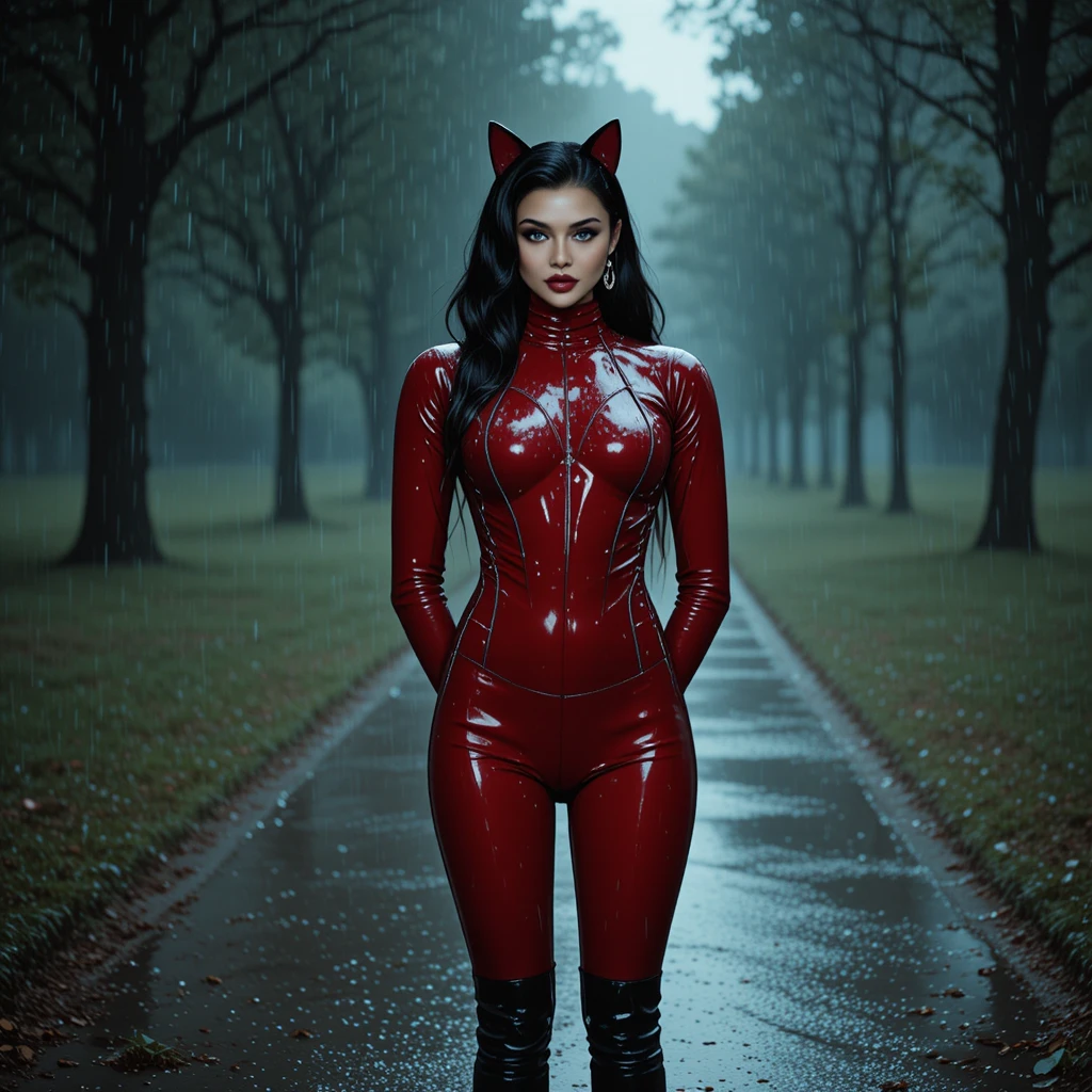 Donna in catsuit di latex rosso su sentiero di parco sotto la pioggia
