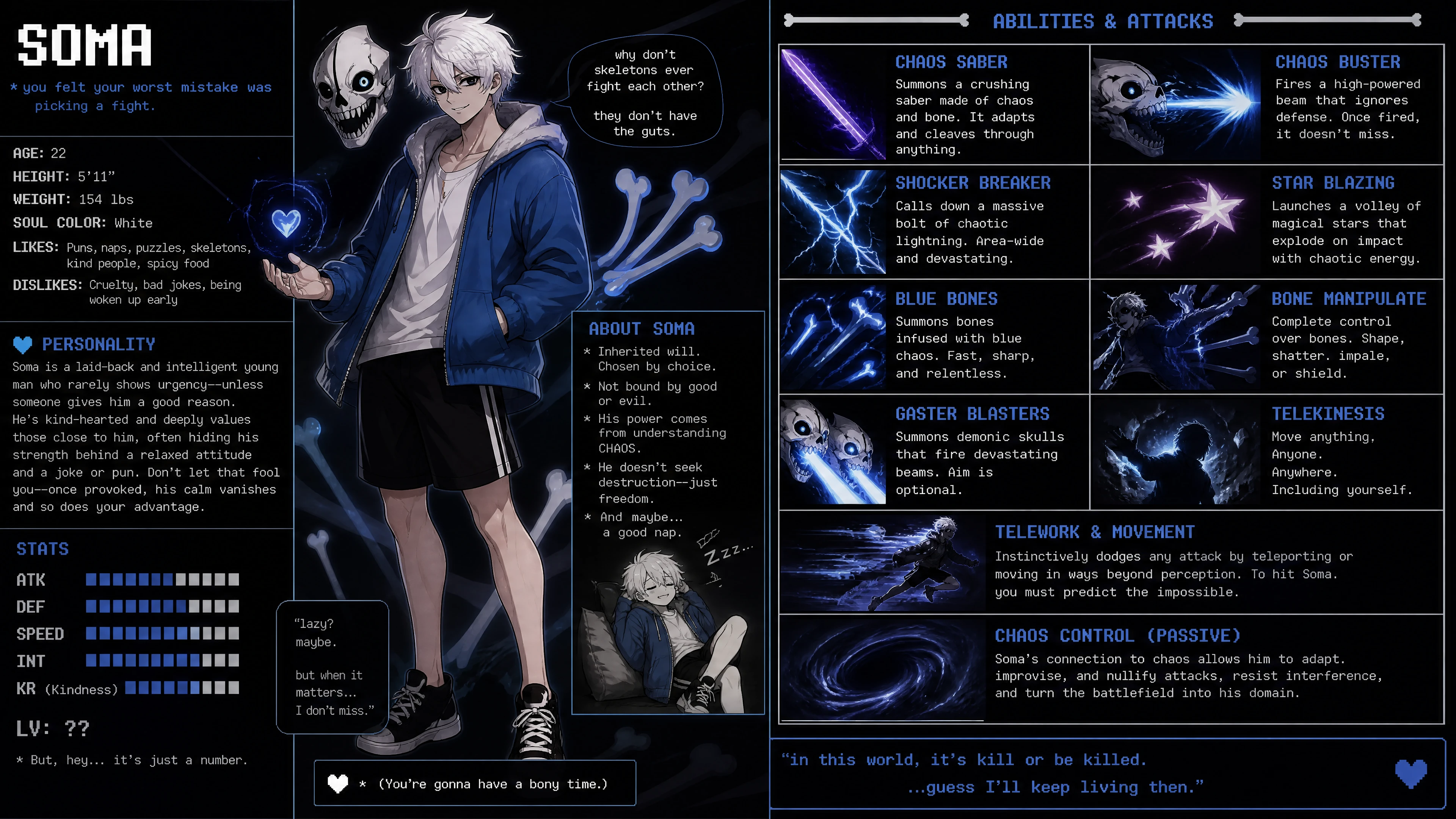 Homem de anime de cabelo branco com jaqueta azul e olhos negros