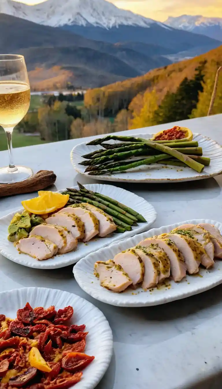 Peru gourmet e aspargos em pratos de mármore ao pôr do sol