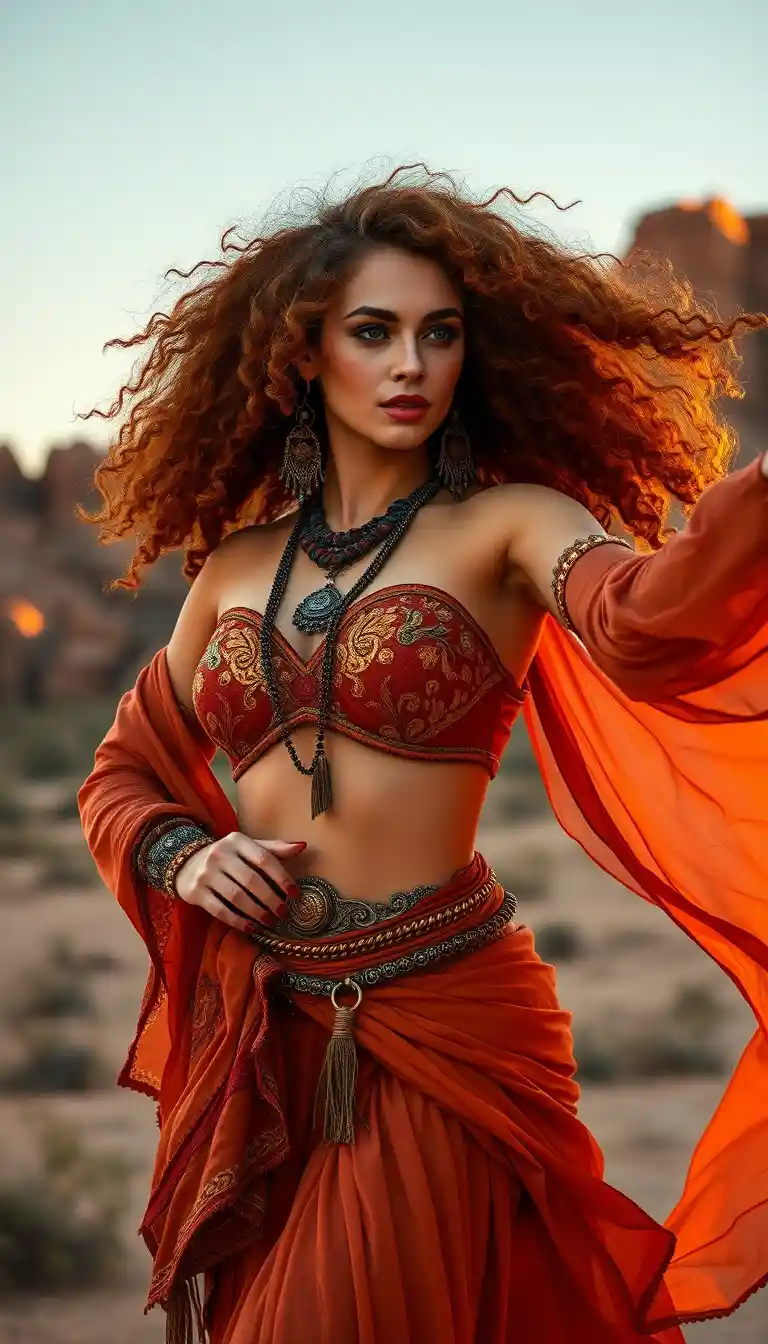 Bailarina de dança do ventre com traje cobre esvoaçante ao pôr do sol no deserto