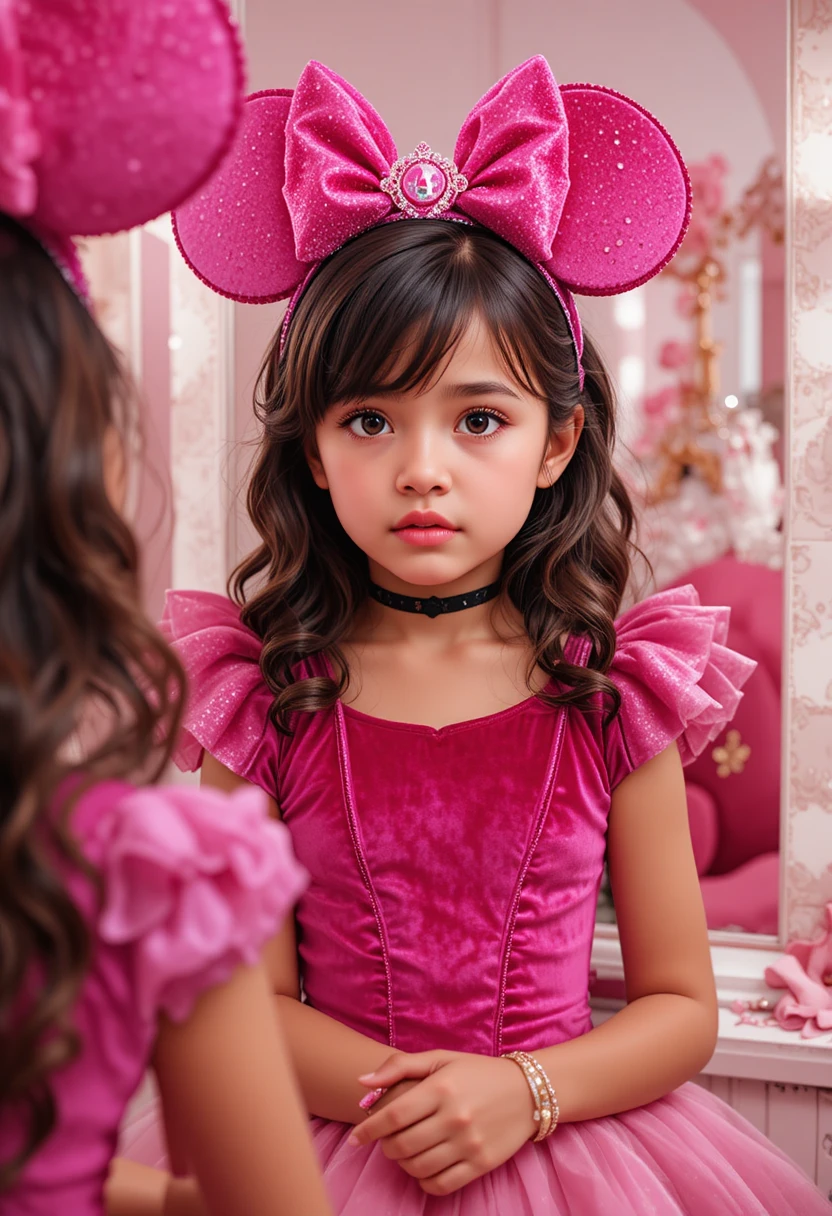 Menino com vestido de princesa em frente à penteadeira