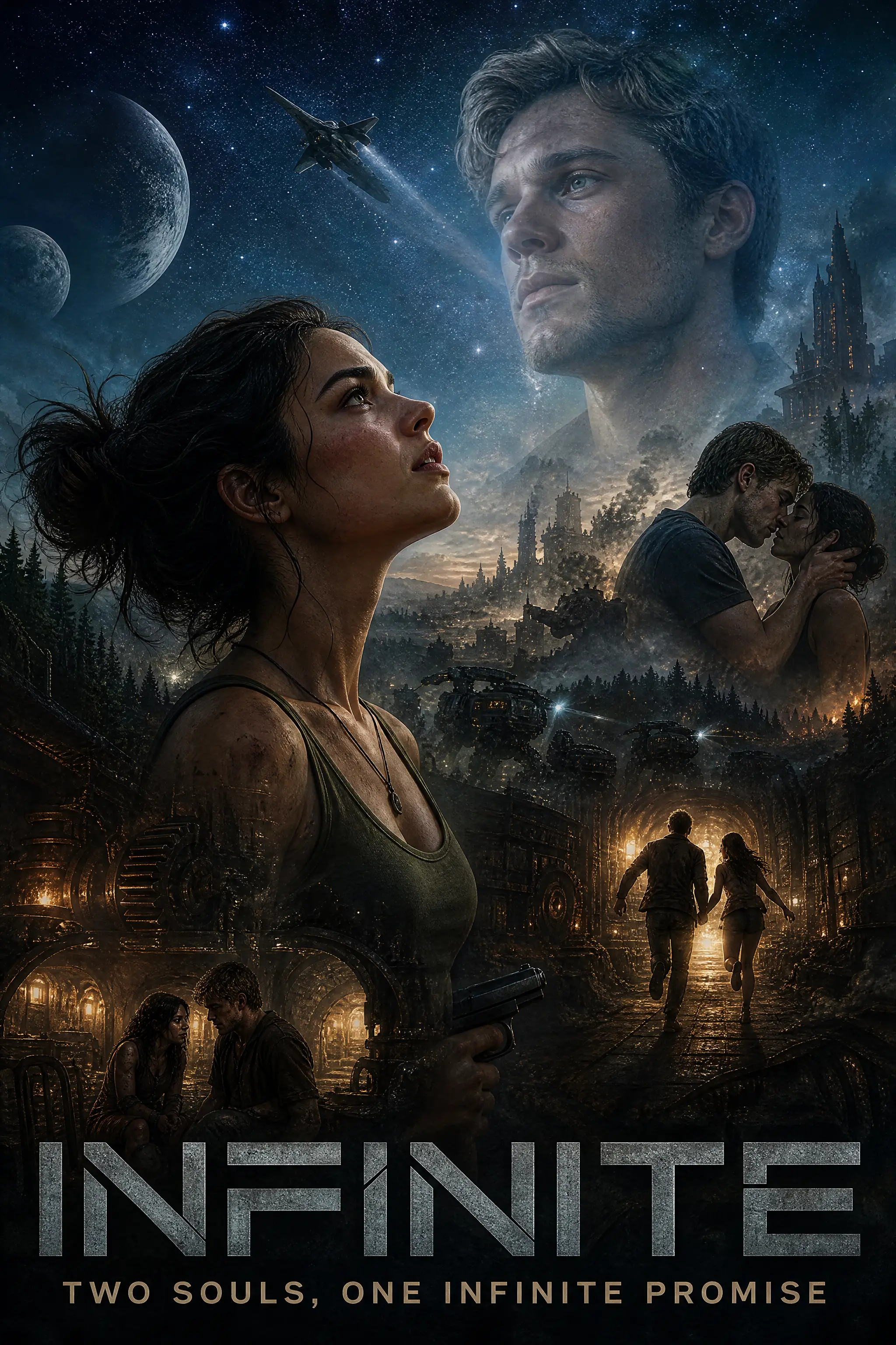 Young woman gazing upward in a multi exposure sci fi portrait