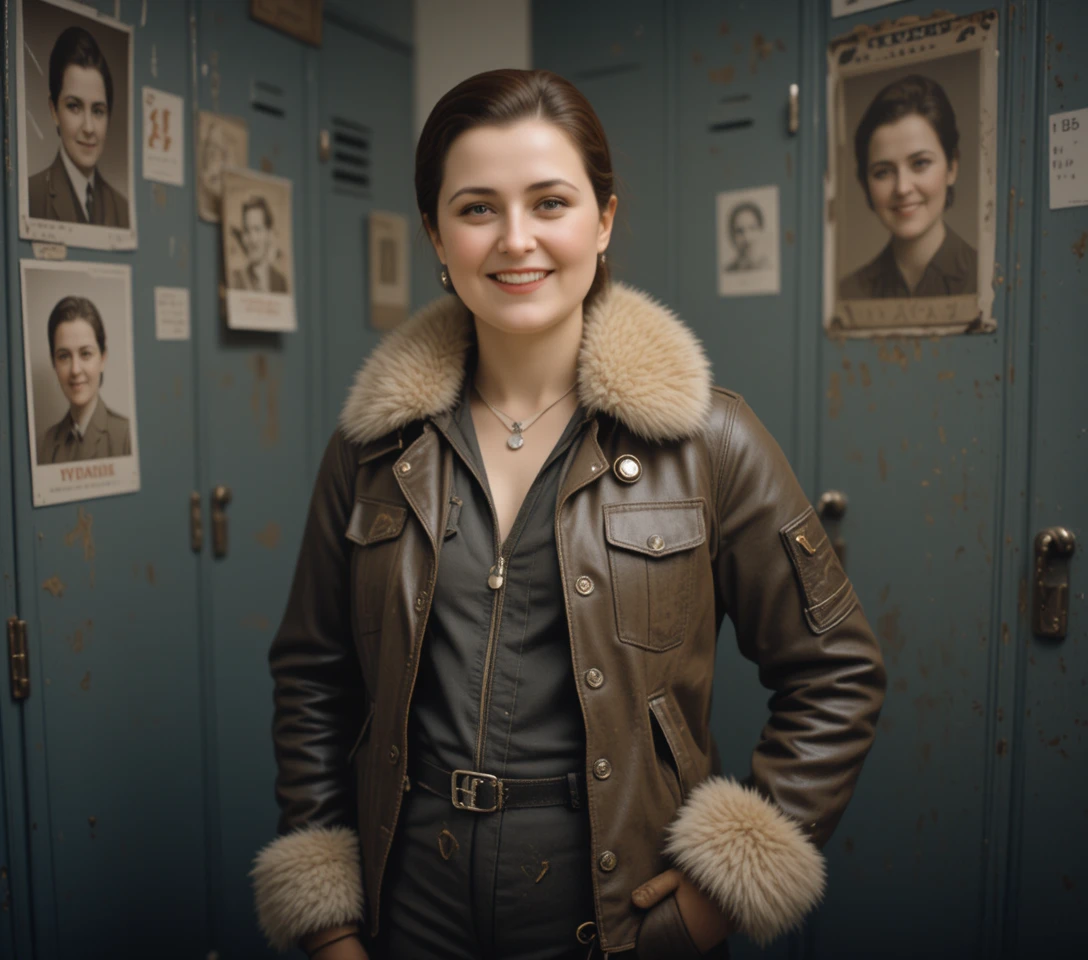 Vintage aviator jacket and gloves on stylish woman model