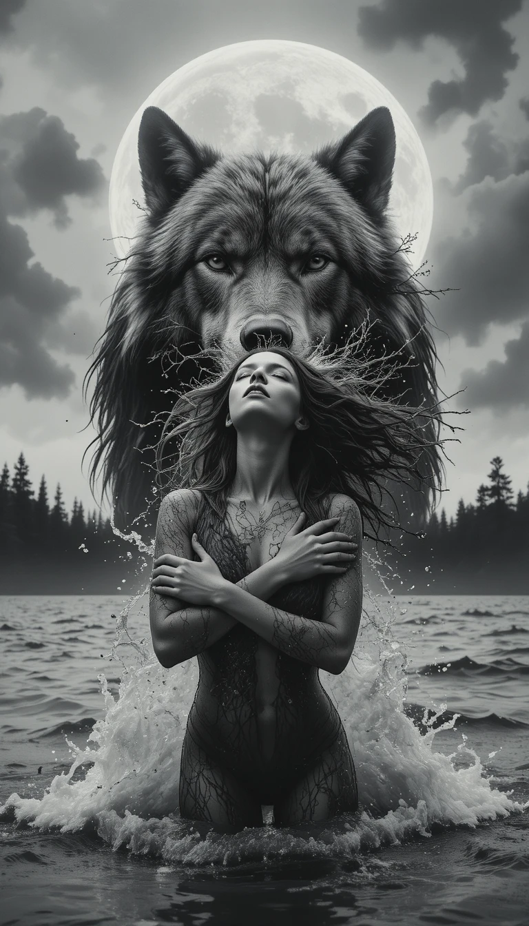 Mulher em águas tempestuosas sob um lobo ameaçador e a lua
