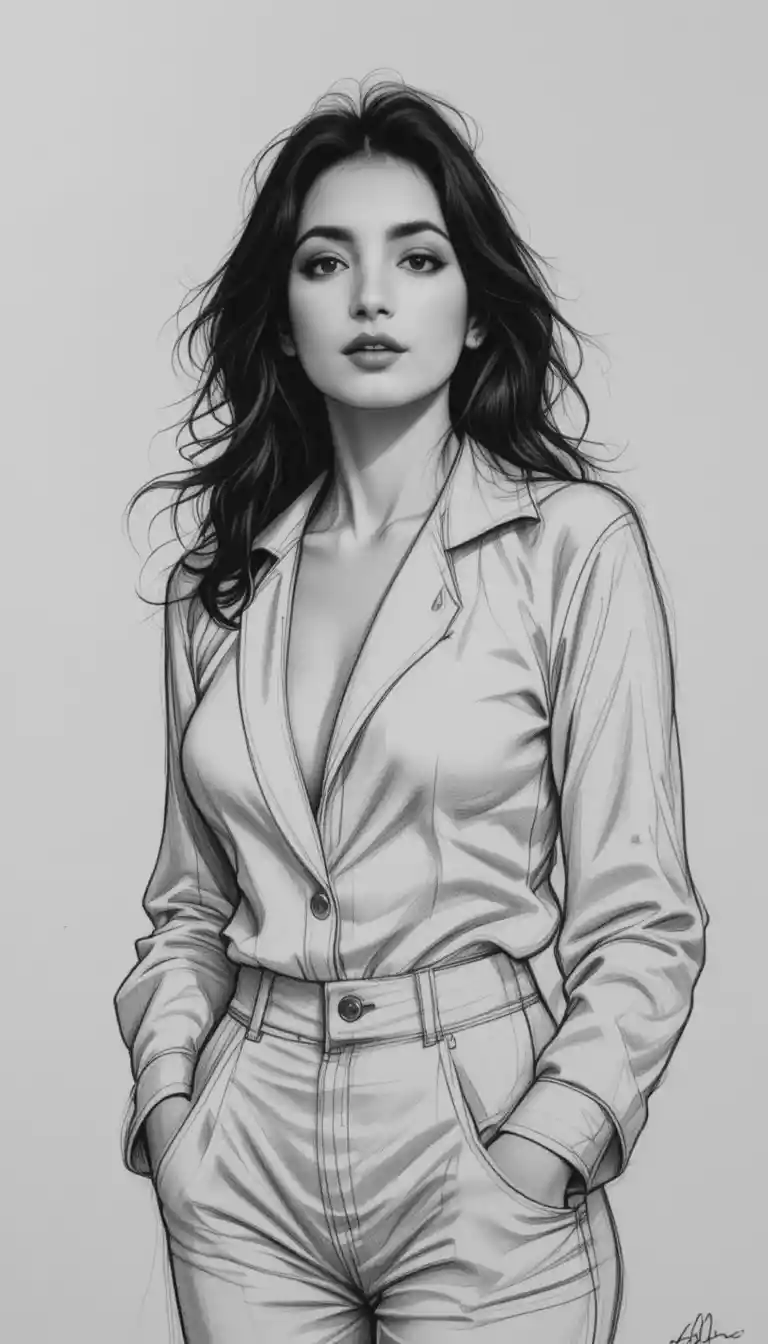 Elegant woman in a white outfit pencil sketch portrait