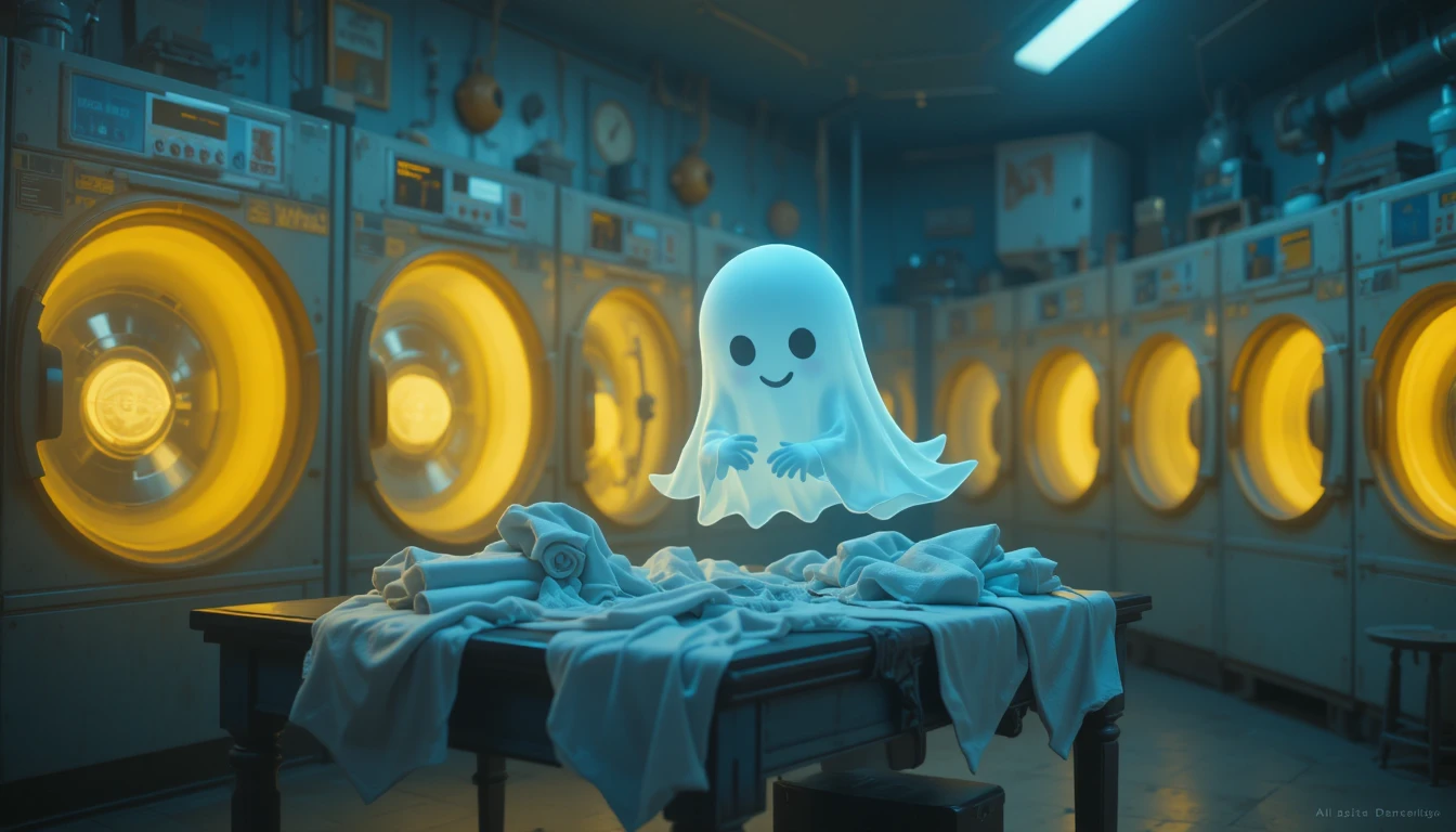 Fantasma Divertido Dobrando Roupa em uma Lavanderia Retrô