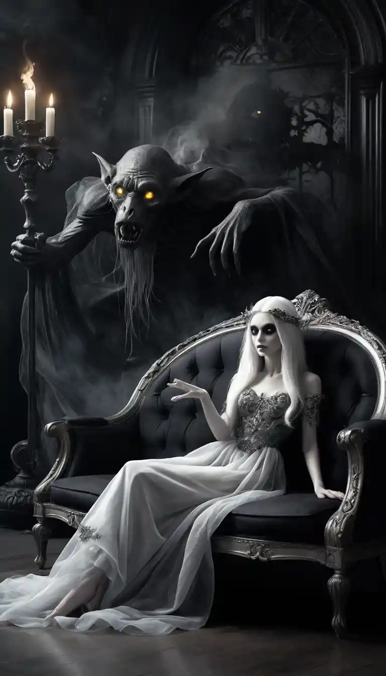 Garota demônio esfumaçada descansando em um sofá branco antigo
