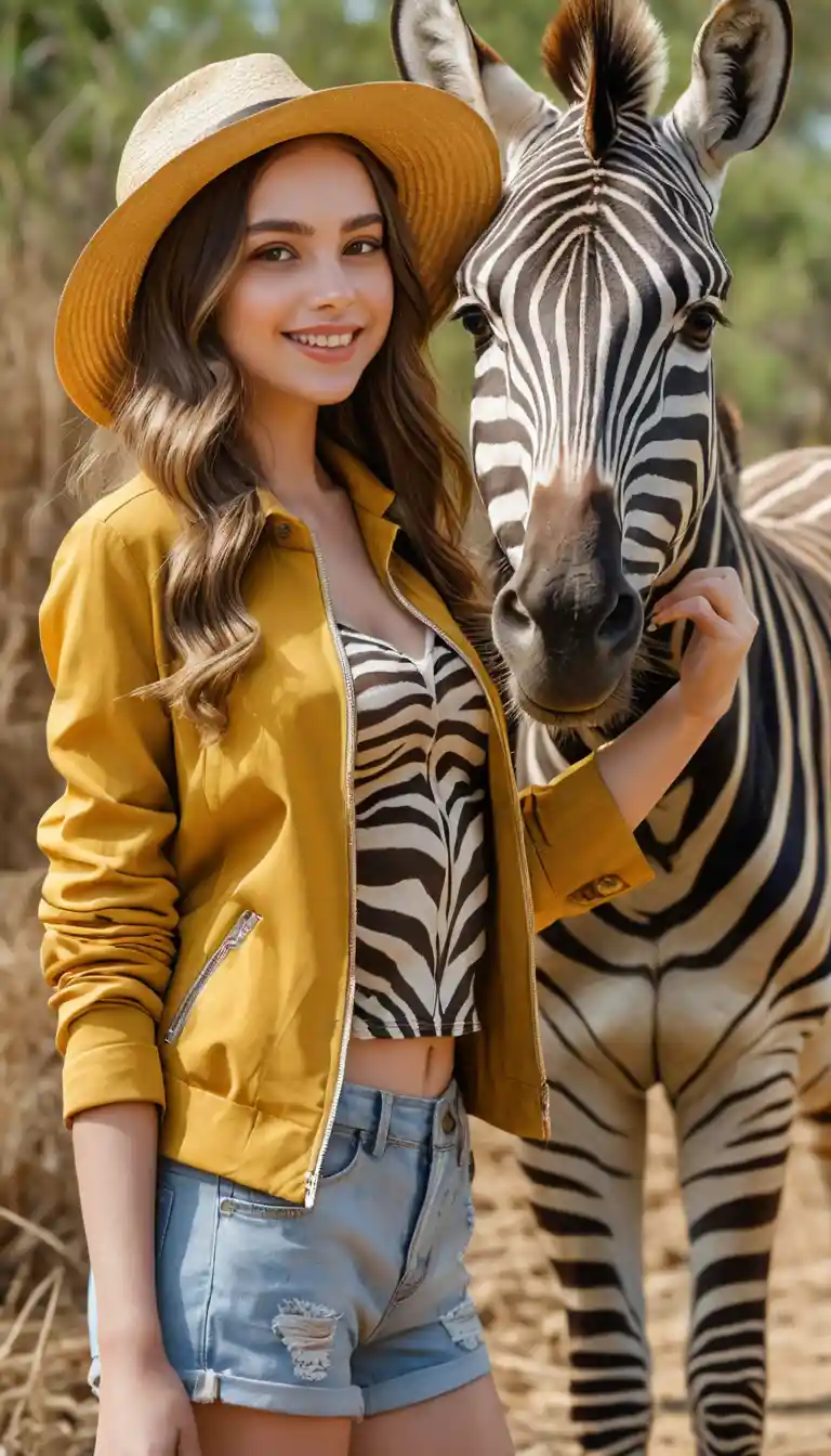 Fillette riante avec un zèbre dans une savane ensoleillée