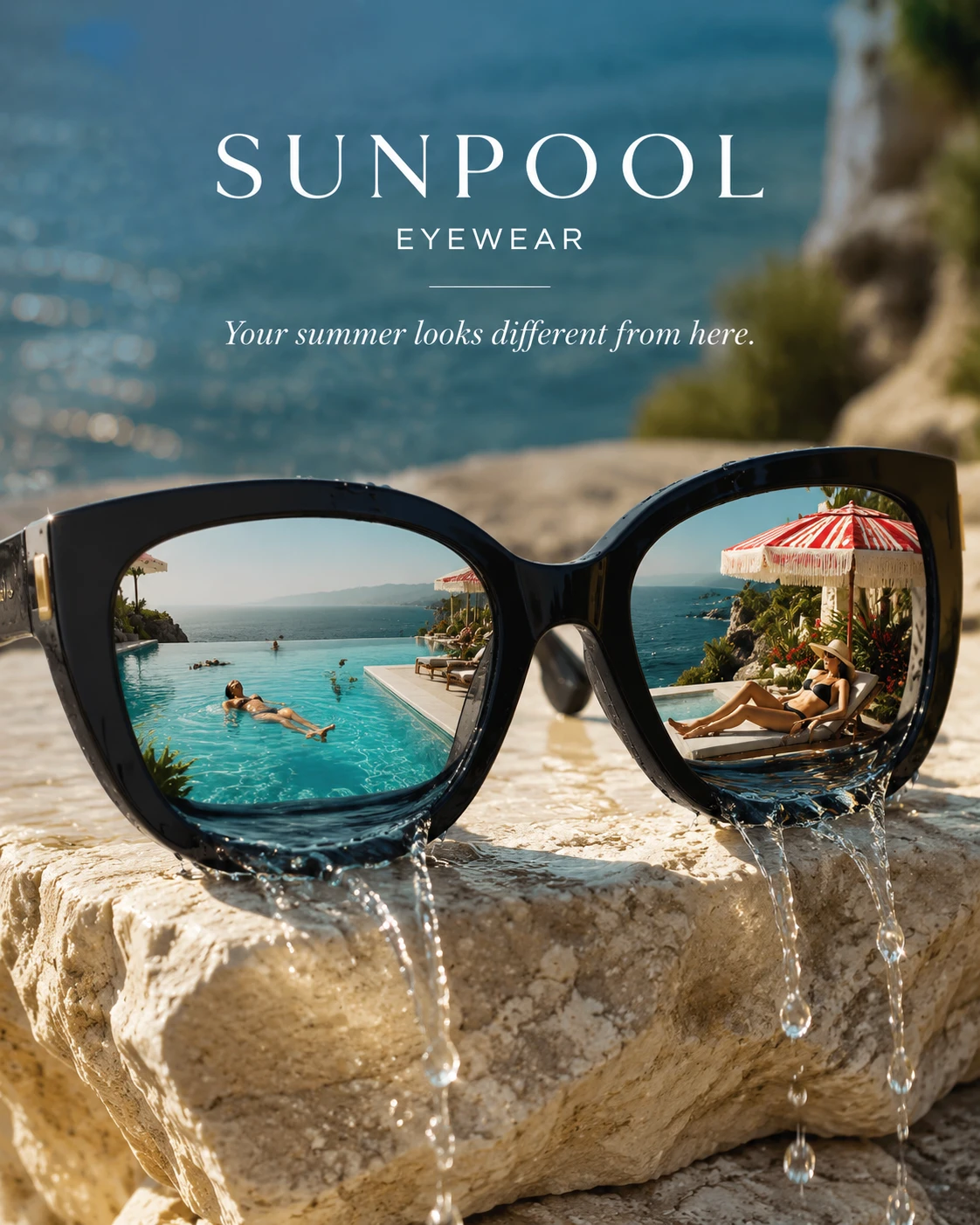 Luxuriöse schwarze Sonnenbrille mit surrealen Infinity-Pool-Gläsern