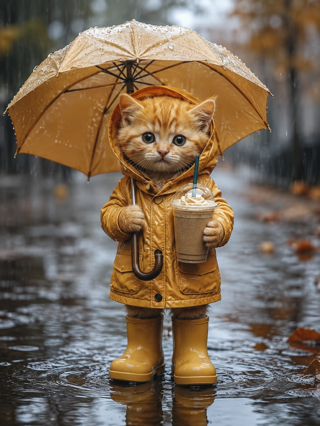 Minuscule chaton orange en imperméable avec parapluie et boisson