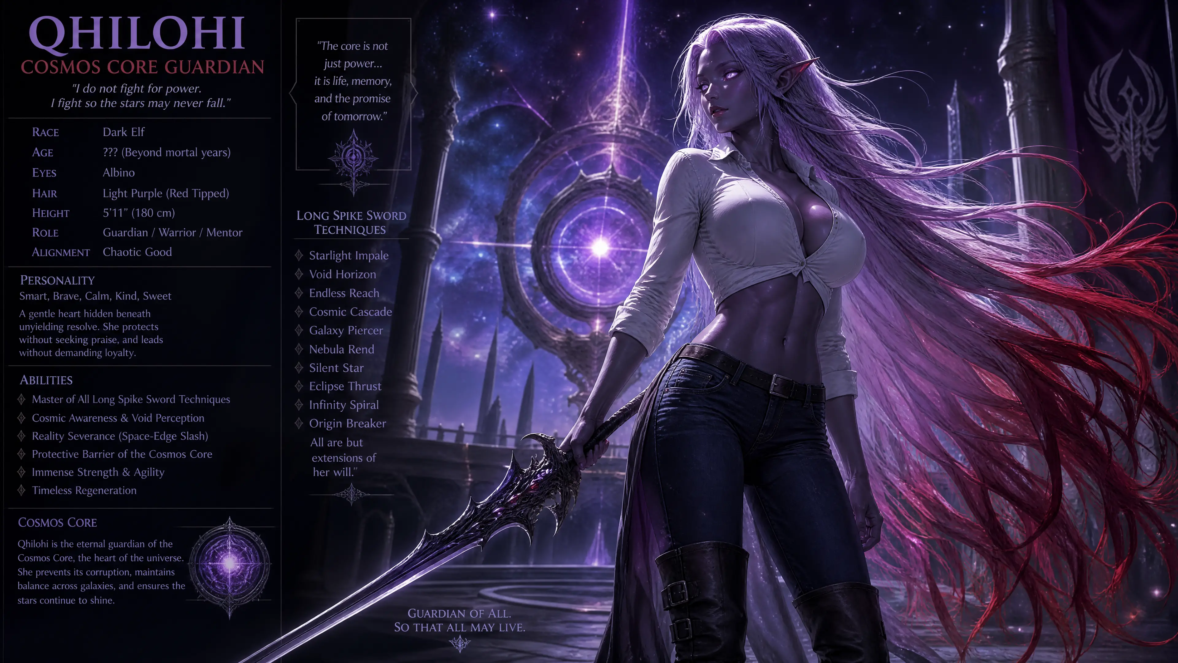 Dark elf woman guardian with long purple hair