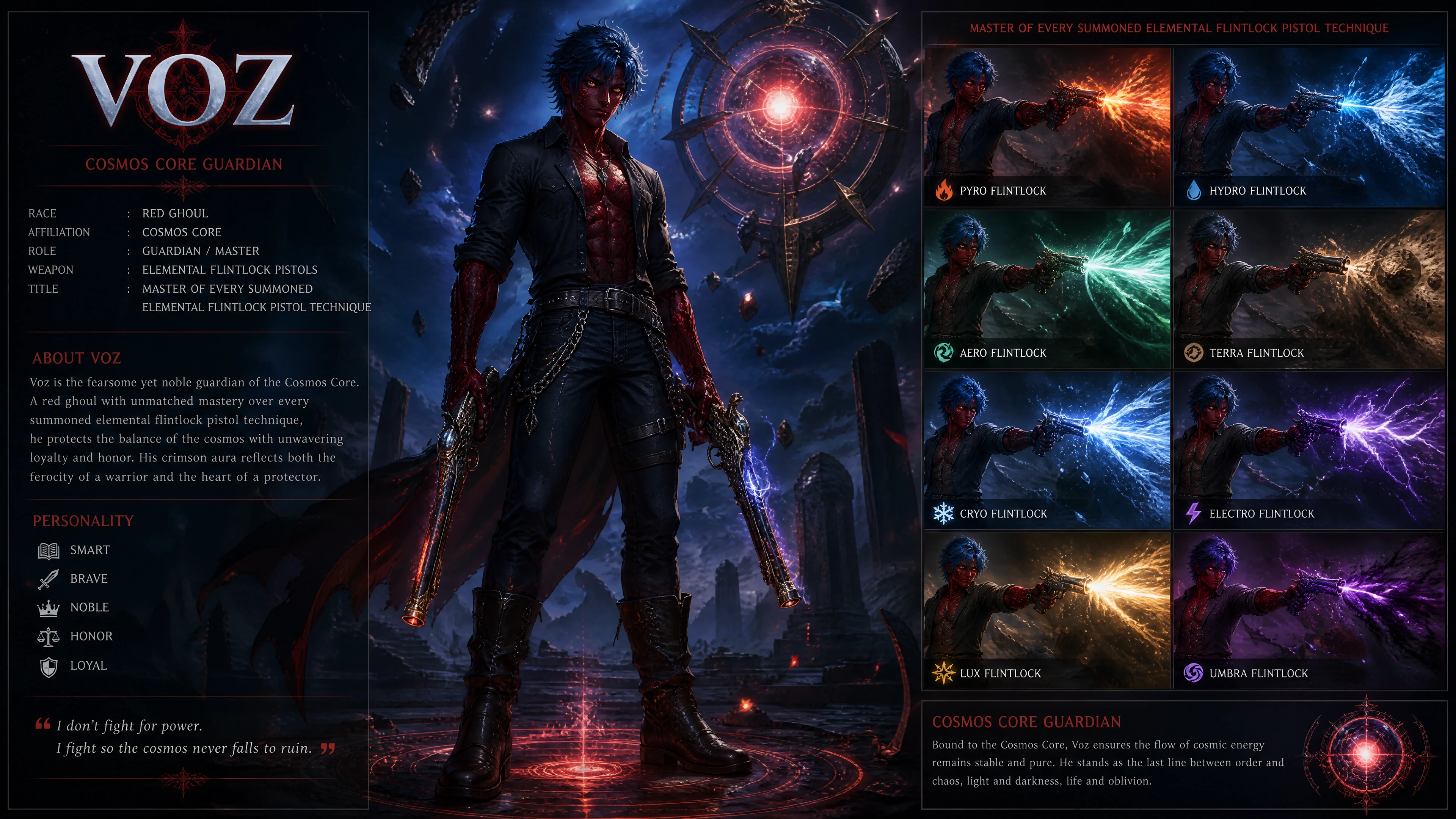 Gardien ghoul rouge héroïque avec pistolets élémentaires dans le cosmos