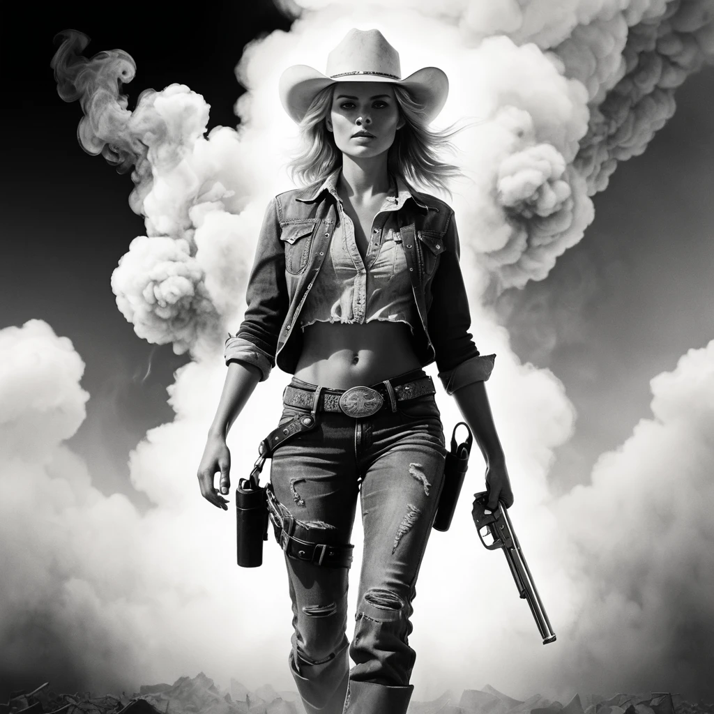 Cowgirl blonde marchant pieds nus à travers une fumée monochrome tourbillonnante