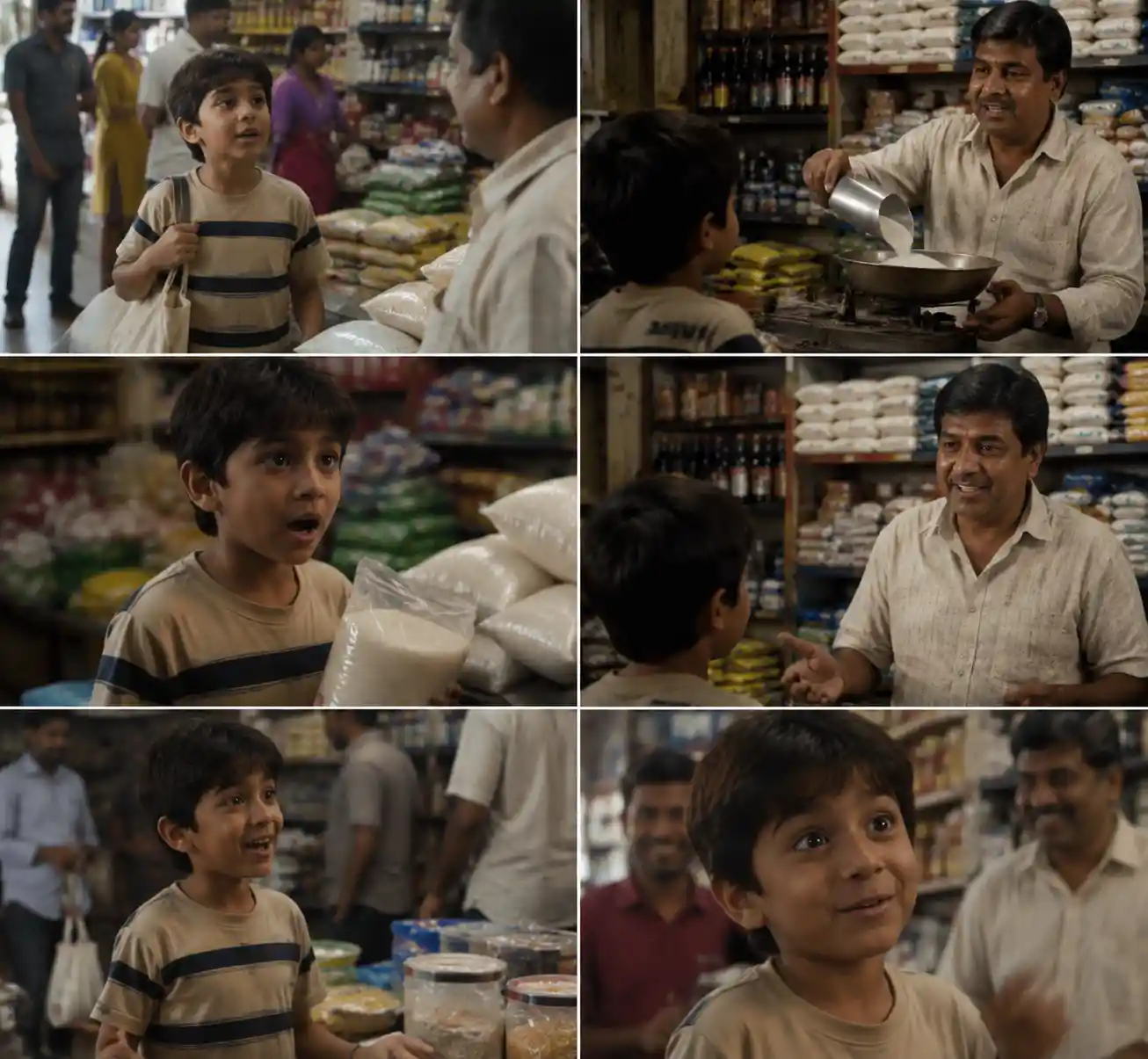 Indian boy buying sugar at a small grocery shop