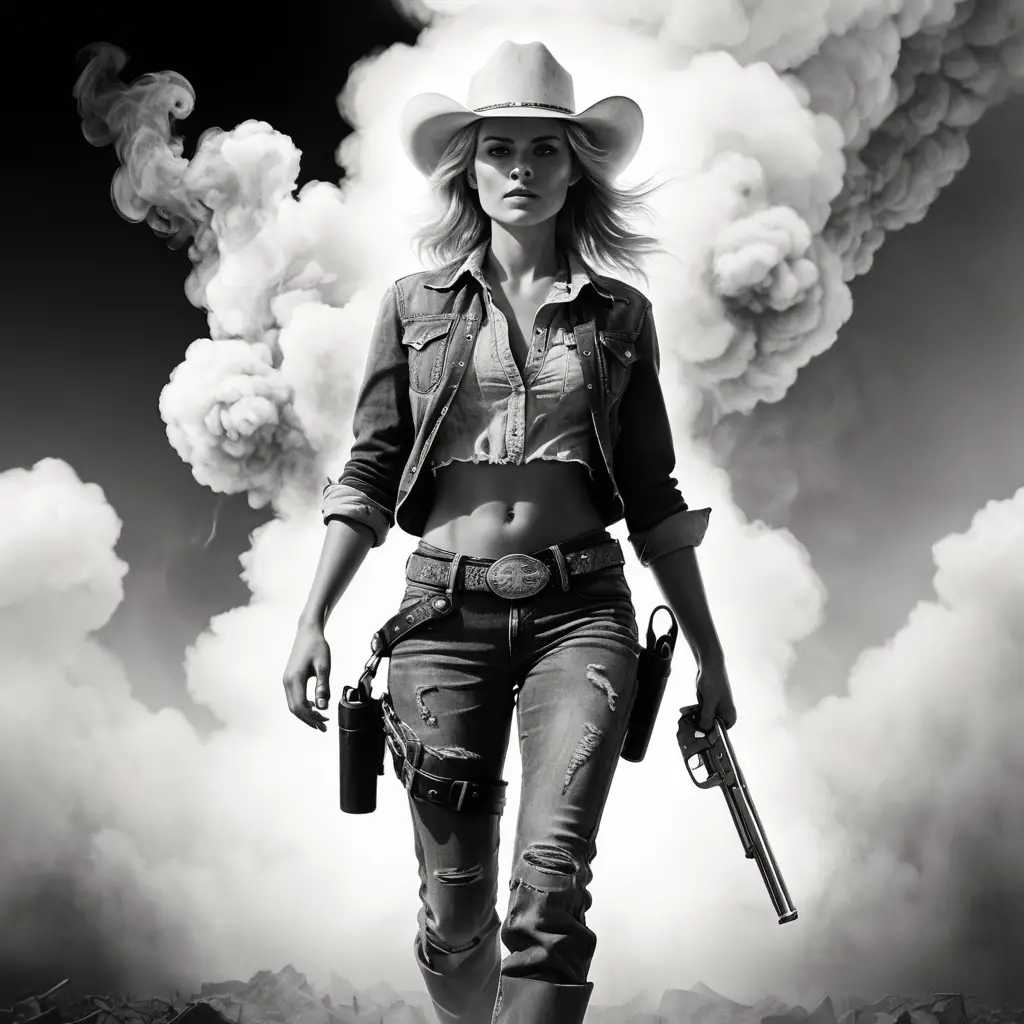 Cowgirl blonde marchant pieds nus à travers une fumée monochrome tourbillonnante