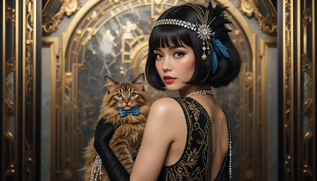 Élégante femme flapper tenant un chat dans un glamour art déco