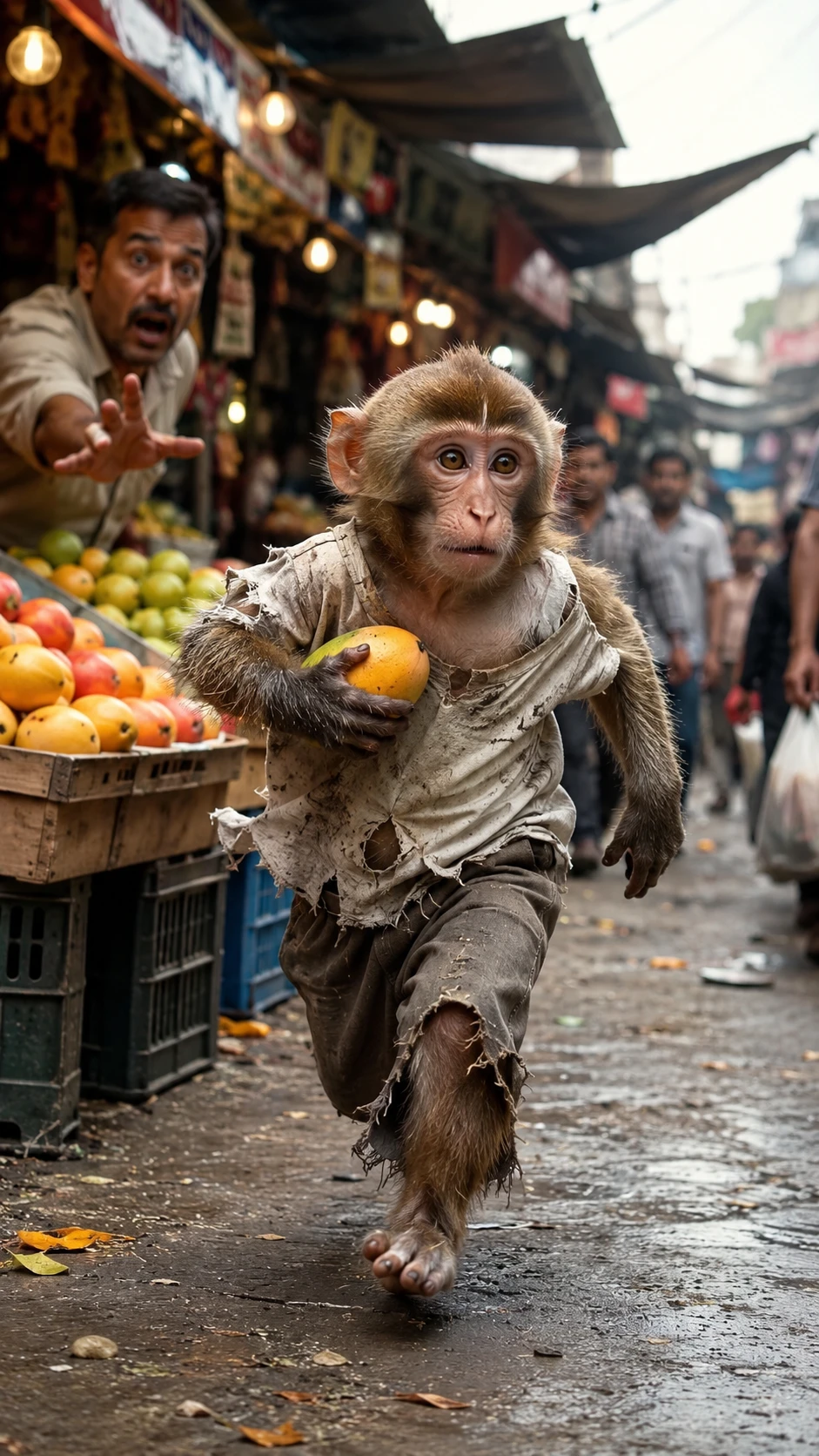 Anthropomorphic monkey stealing mango in busy street market