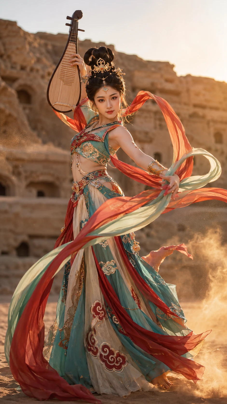 Bailarina chinesa como donzela celestial no pôr do sol do deserto