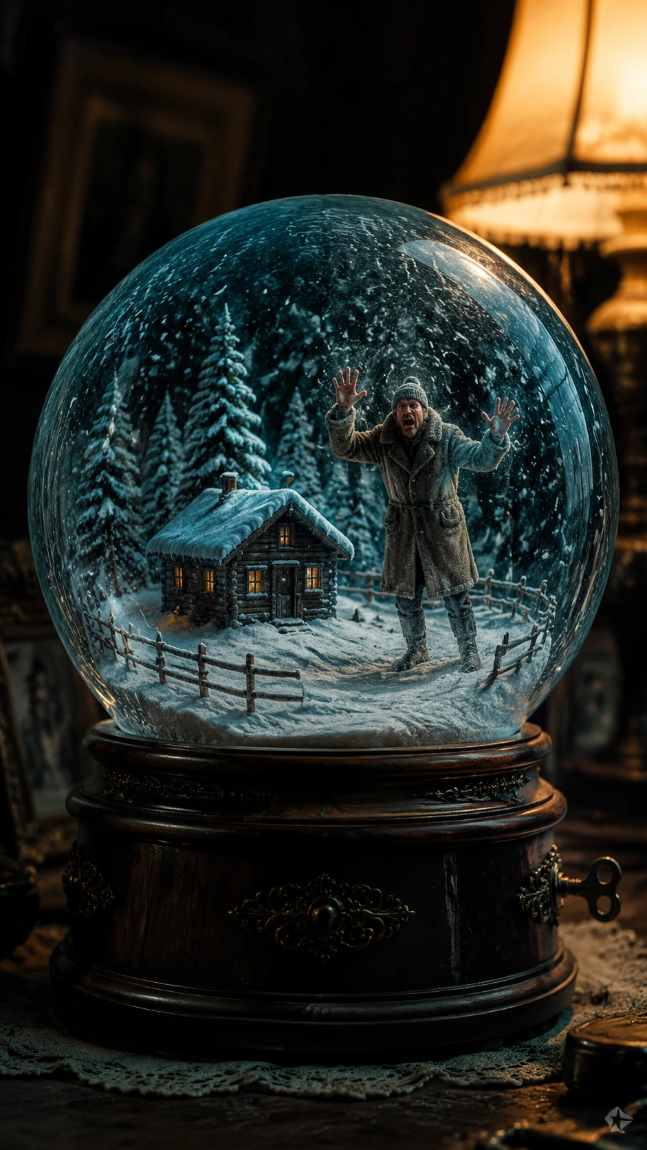 Mann in Winter-Schneekugel auf Vintage-Spieluhr gefangen