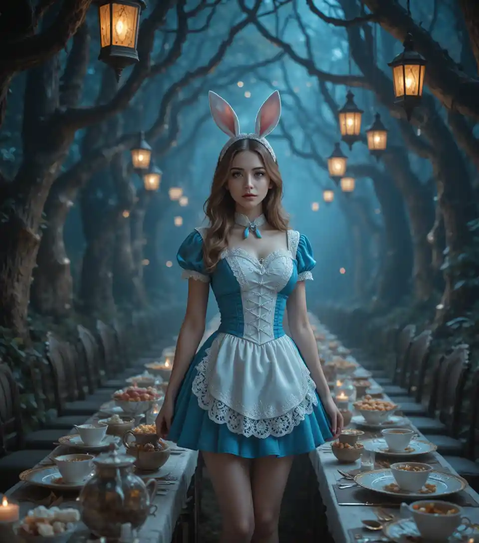 Cinematic portrait of a woman at a whimsical forest tea table