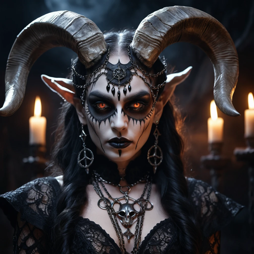 Femme démoniaque cornue avec crâne de chèvre rituel à la lueur des bougies