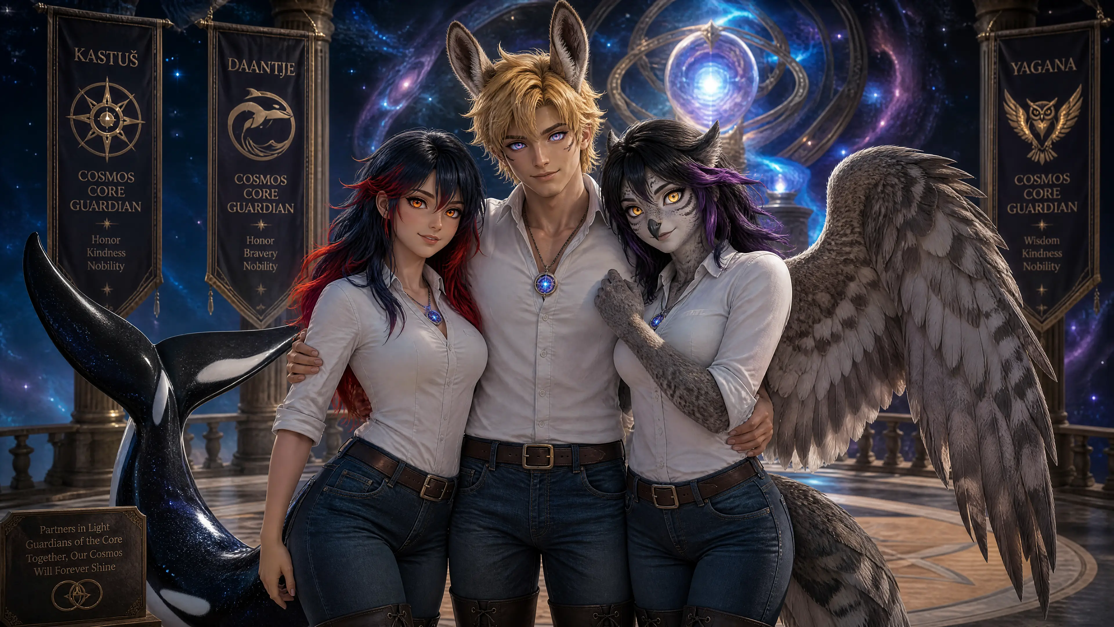 Cosmic guardian couple with animal features in casual clothes