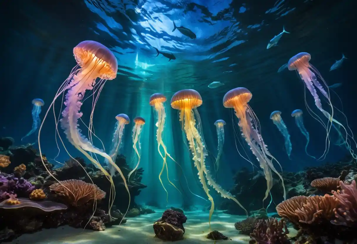 Aurore subacquee che illuminano la vibrante vita marina