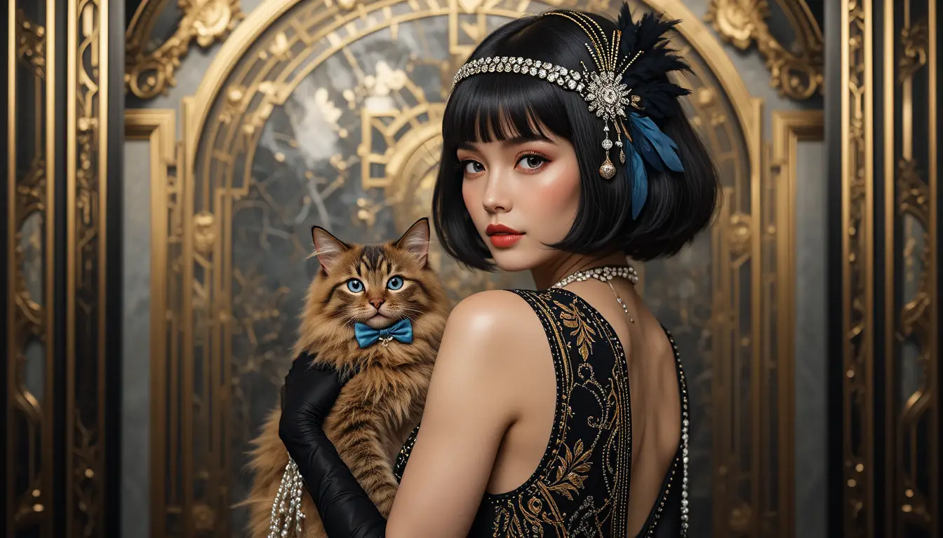 Élégante femme flapper tenant un chat dans un glamour art déco