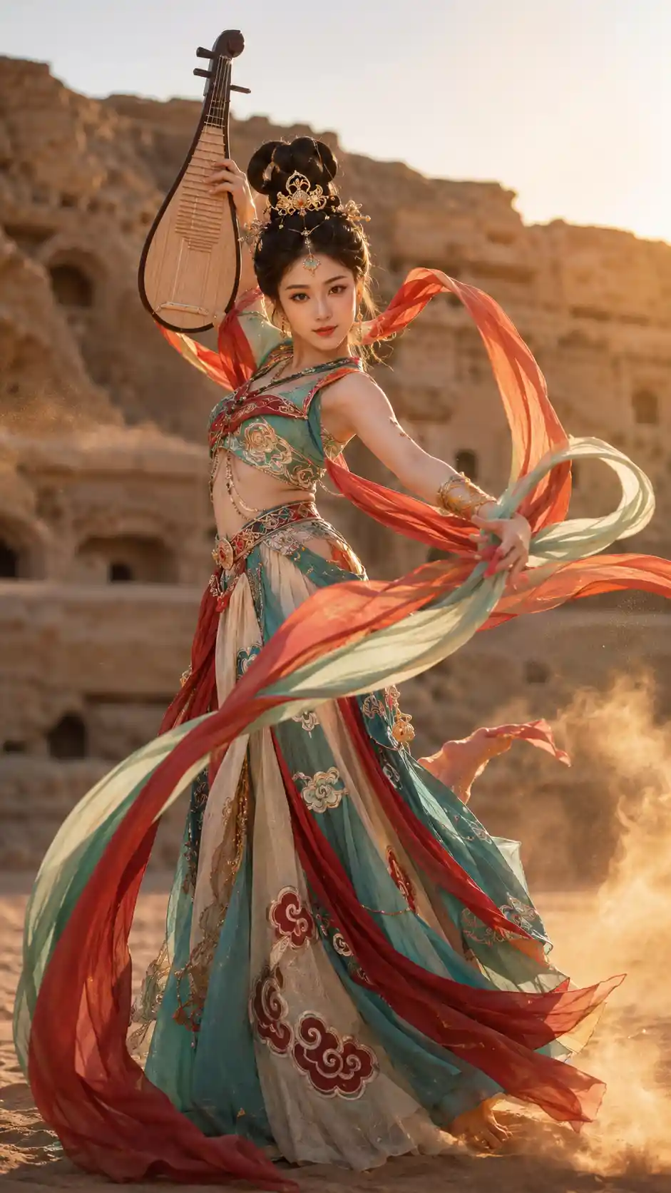 Bailarina chinesa como donzela celestial no pôr do sol do deserto