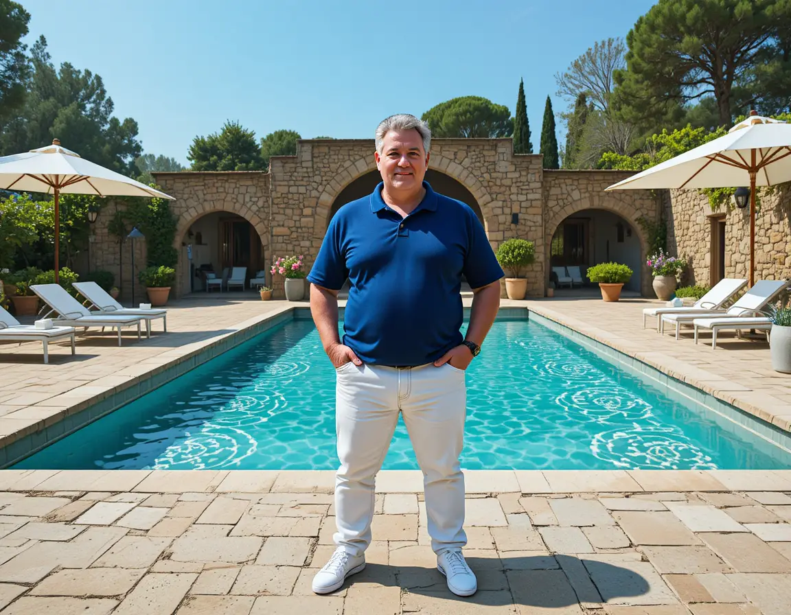 Mature man standing by a turquoise pool on villa terrace