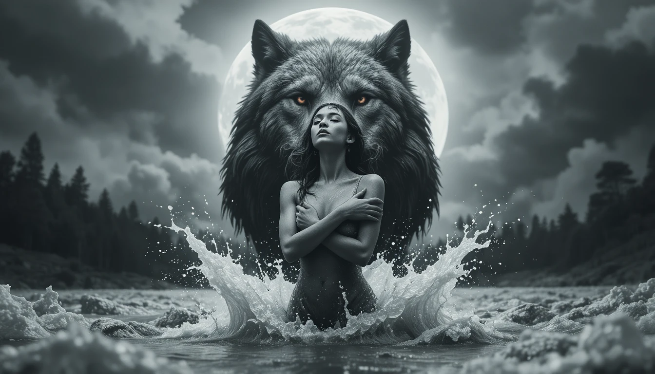 Mulher surreal em águas turbulentas sob um lobo ameaçador