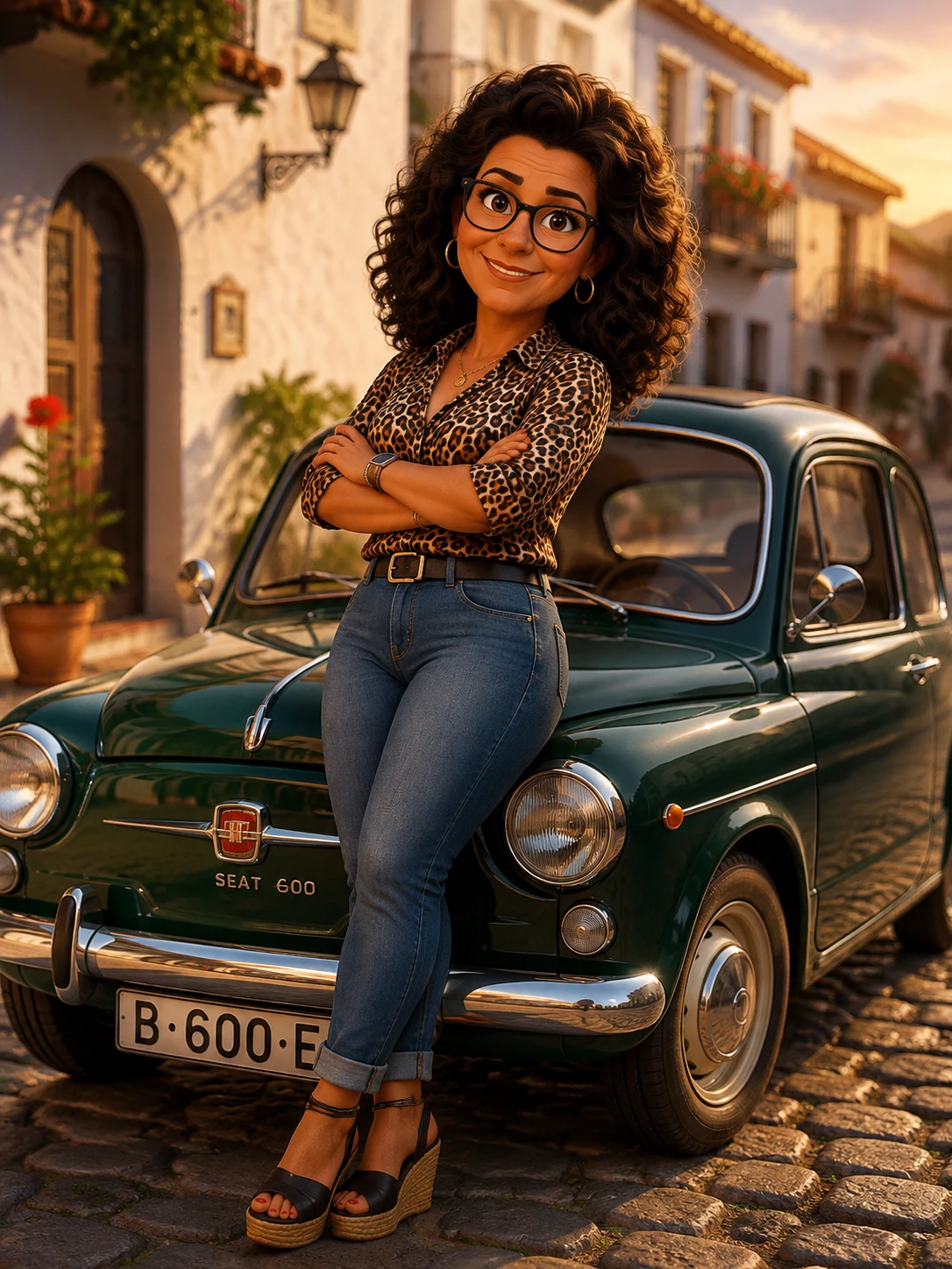 Selbstbewusste Spanierin, die sich an ein klassisches dunkelgrünes Auto lehnt