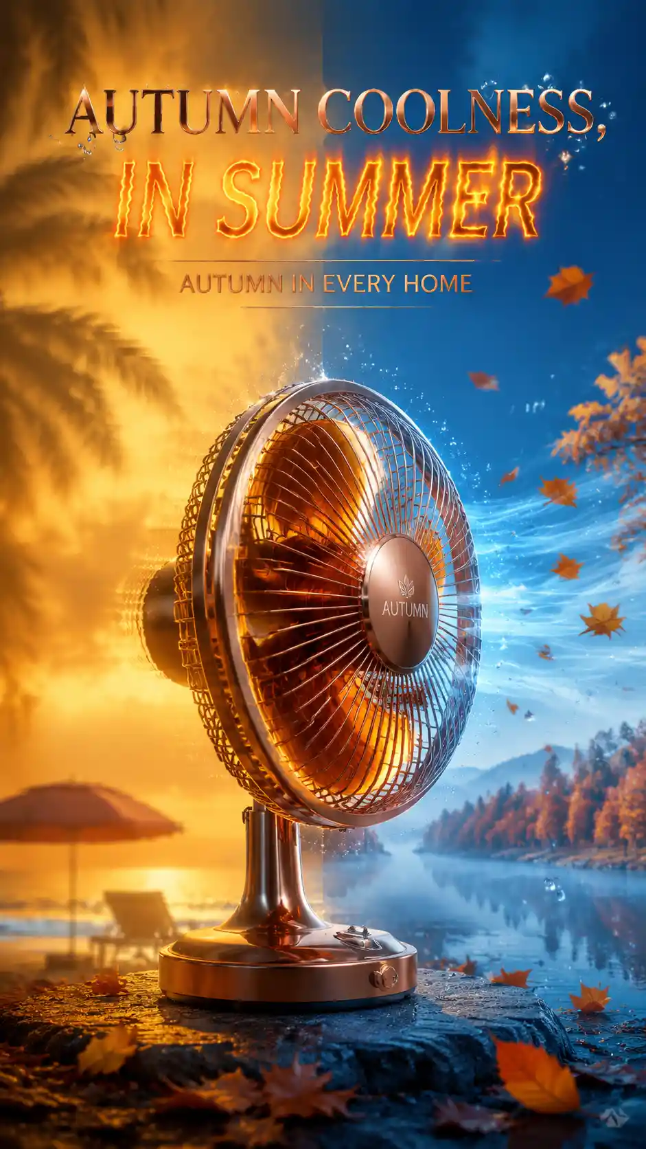 Copper fan dividing summer heat and crisp autumn air