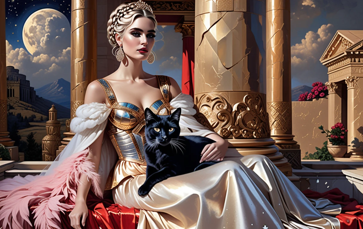 Nobre inspirada na Roma antiga posando com retrato de gato adornado com joias