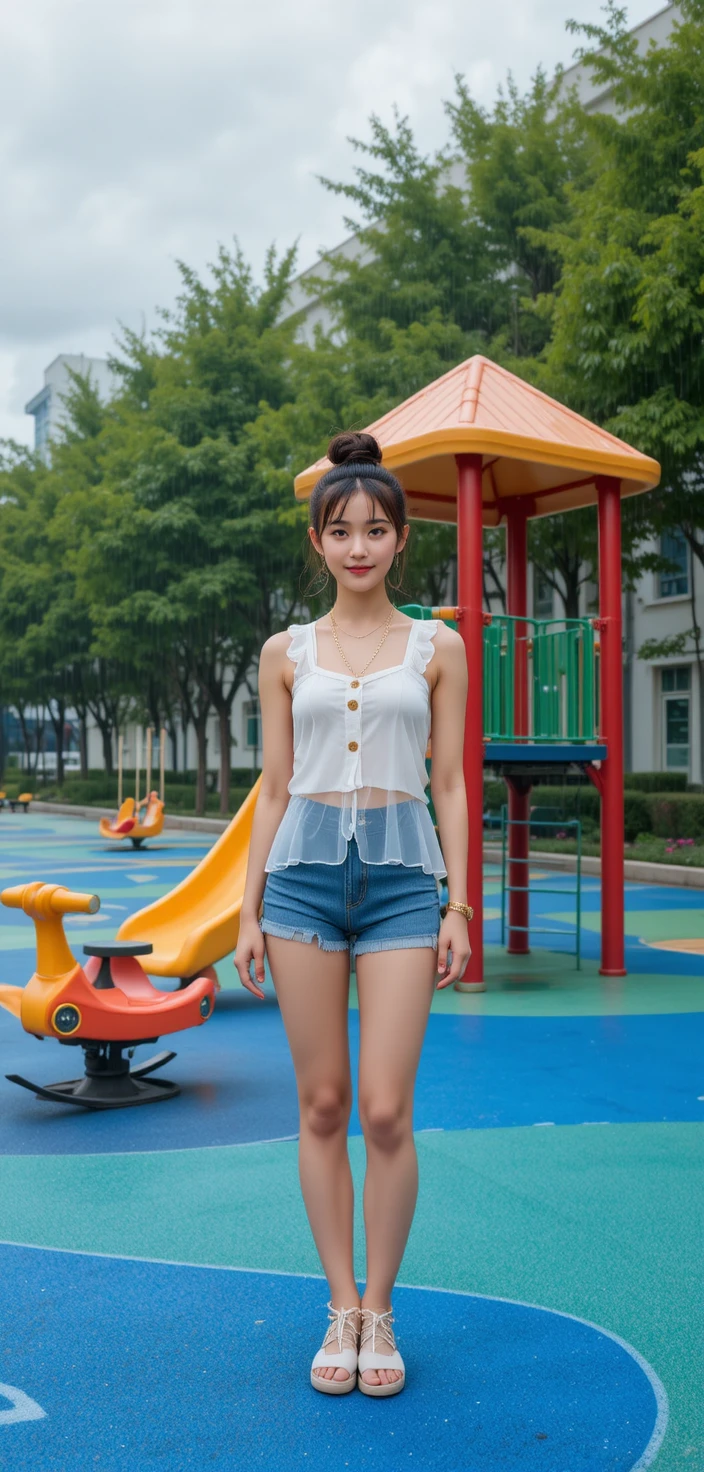 都会の遊び場でフリルトップスを着てほほ笑む韓国人の女の子