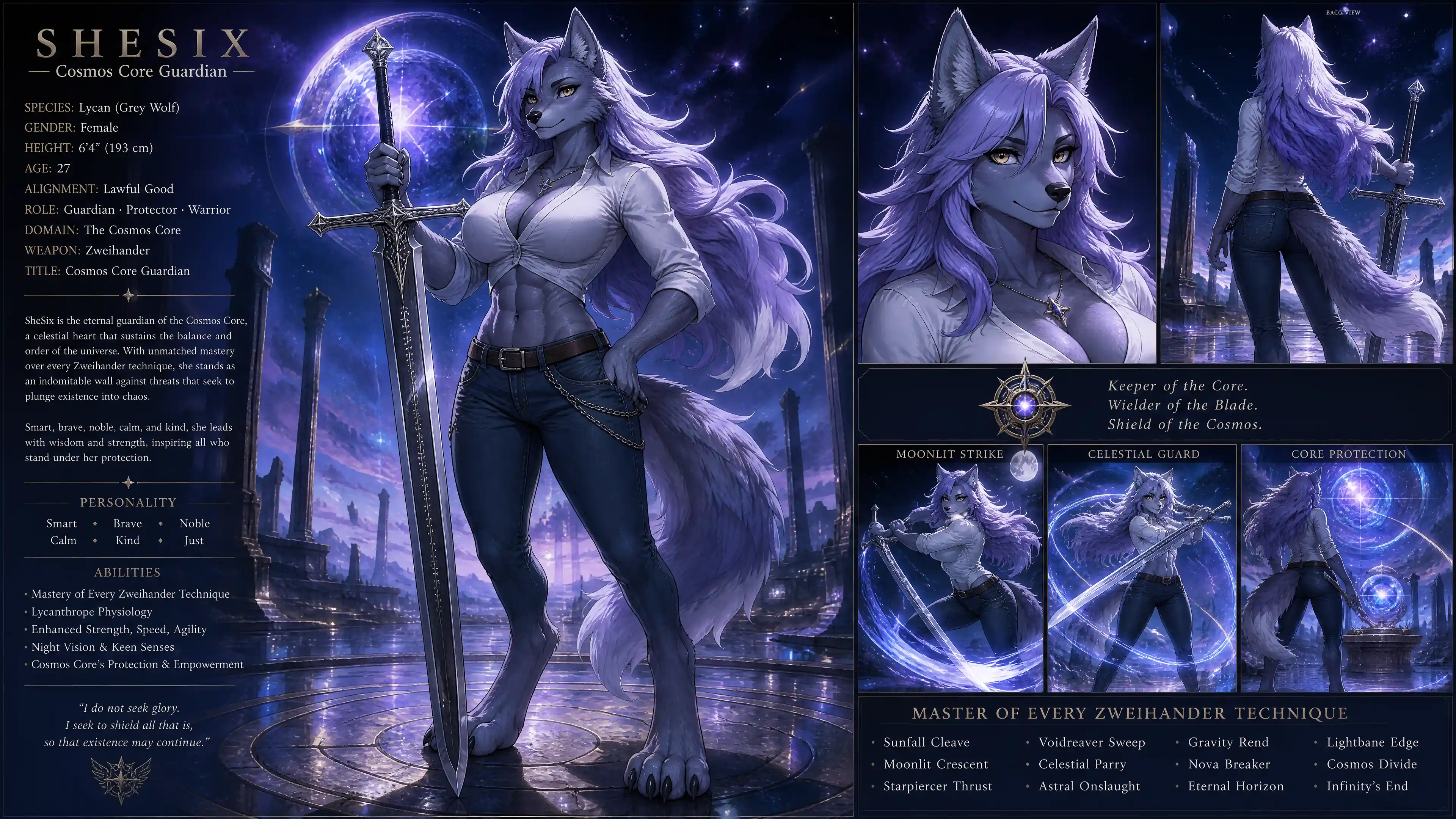 Anthro wolf guardian woman with lavender hair and jeans