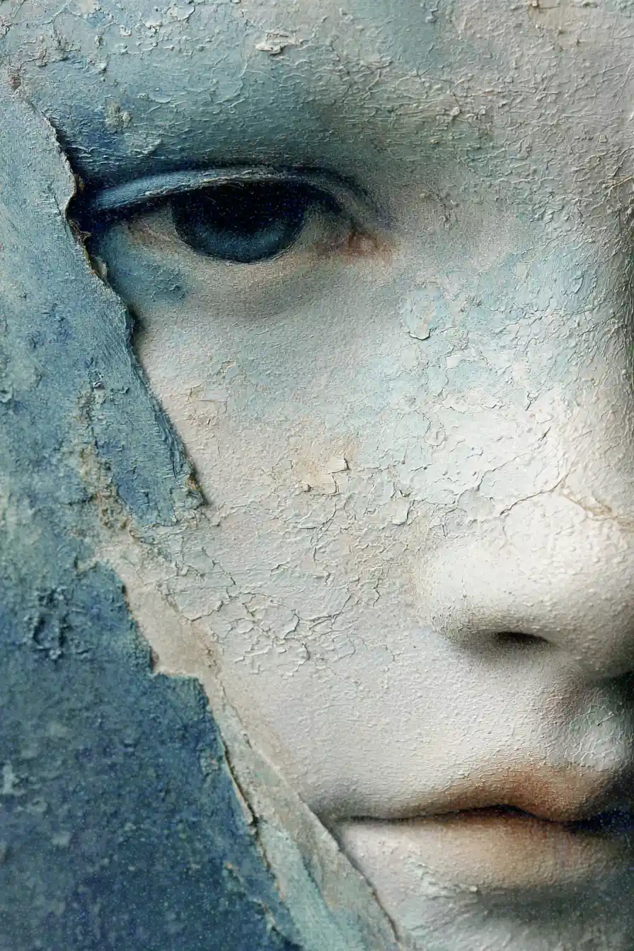 Retrato surreal em close-up de uma mulher à beira‑mar